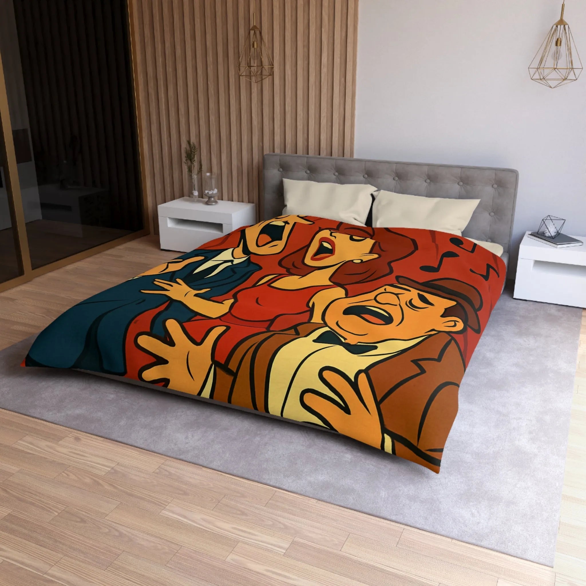 Ensemble vocal vintage animé exubérant, scène musicale rétro avec fond rouge et notes