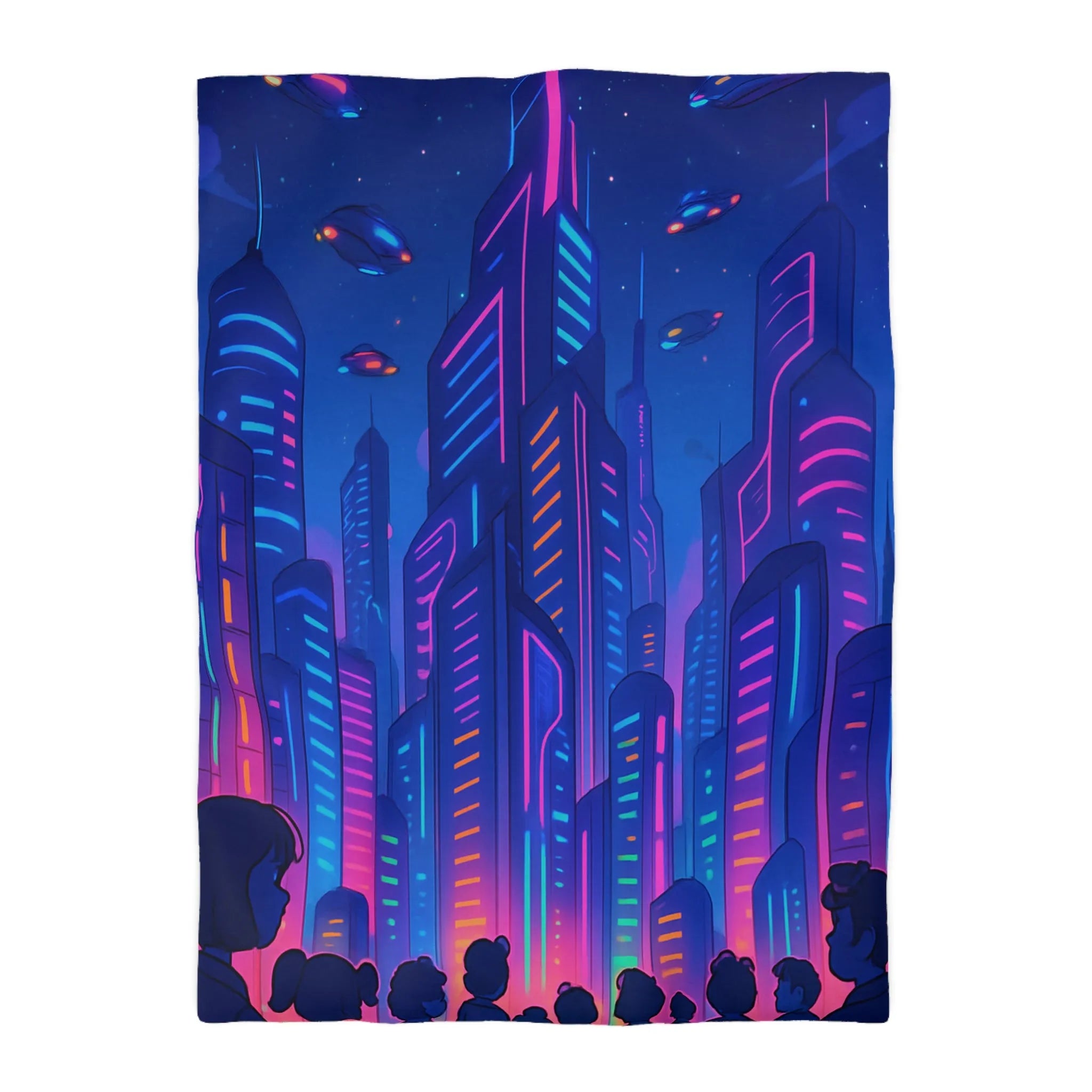 Housse de Couette Futuriste avec Gratte-Ciels Néons et Vaisseaux Spatiaux Lumineux pour Enfants