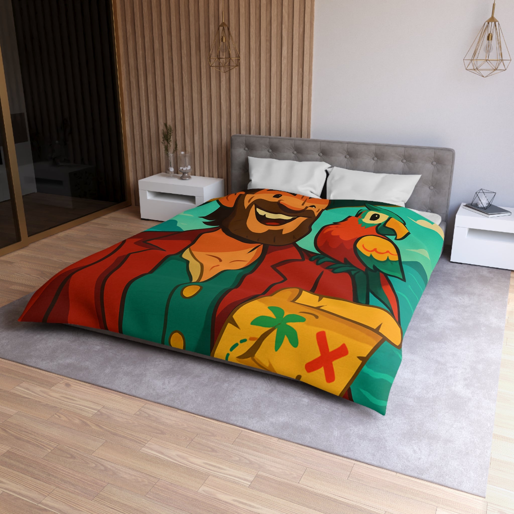 Housse de couette pirate aventurier avec perroquet coloré et carte au trésor illustrée
