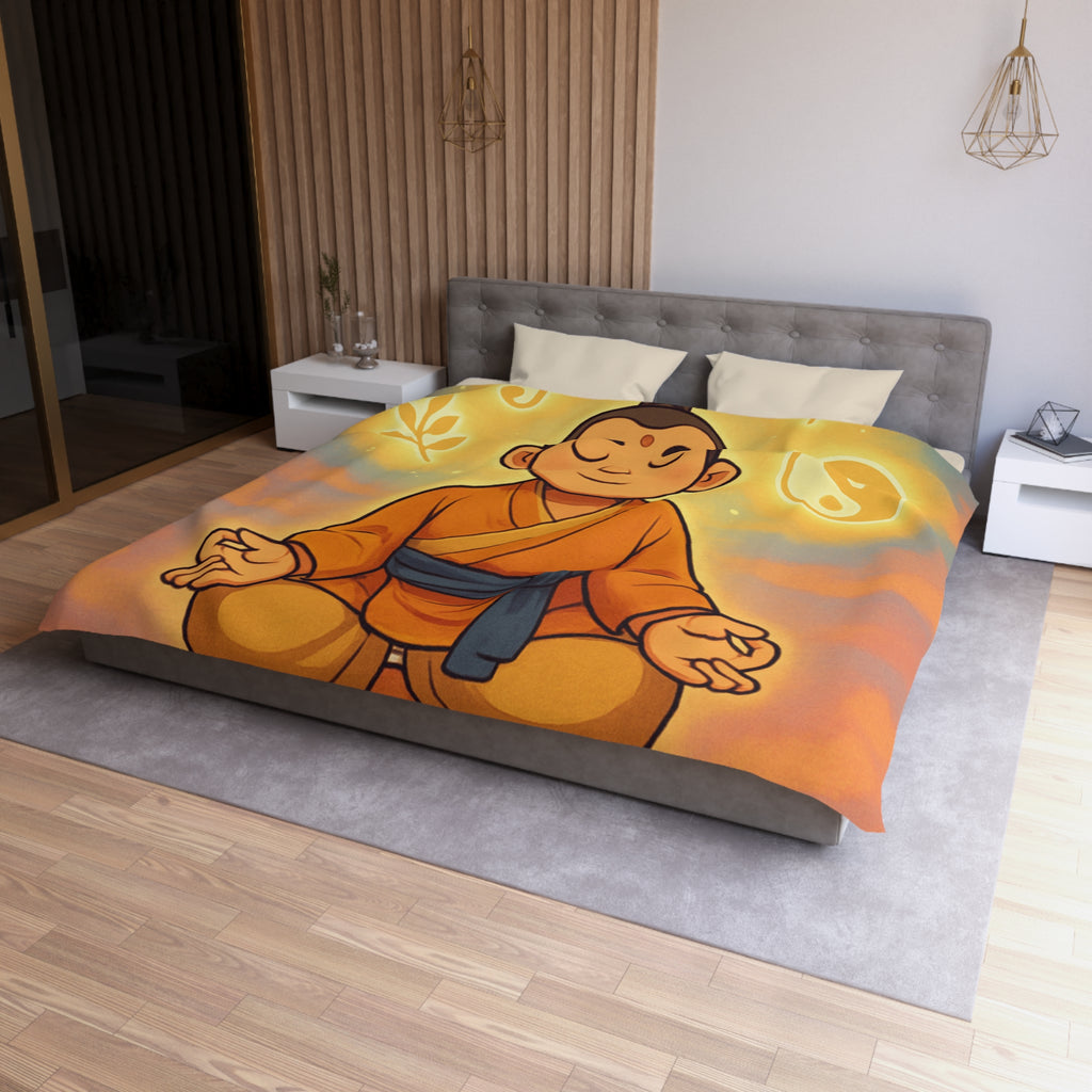 Housse de couette zen avec méditation, symboles spirituels, orange et bleu apaisant