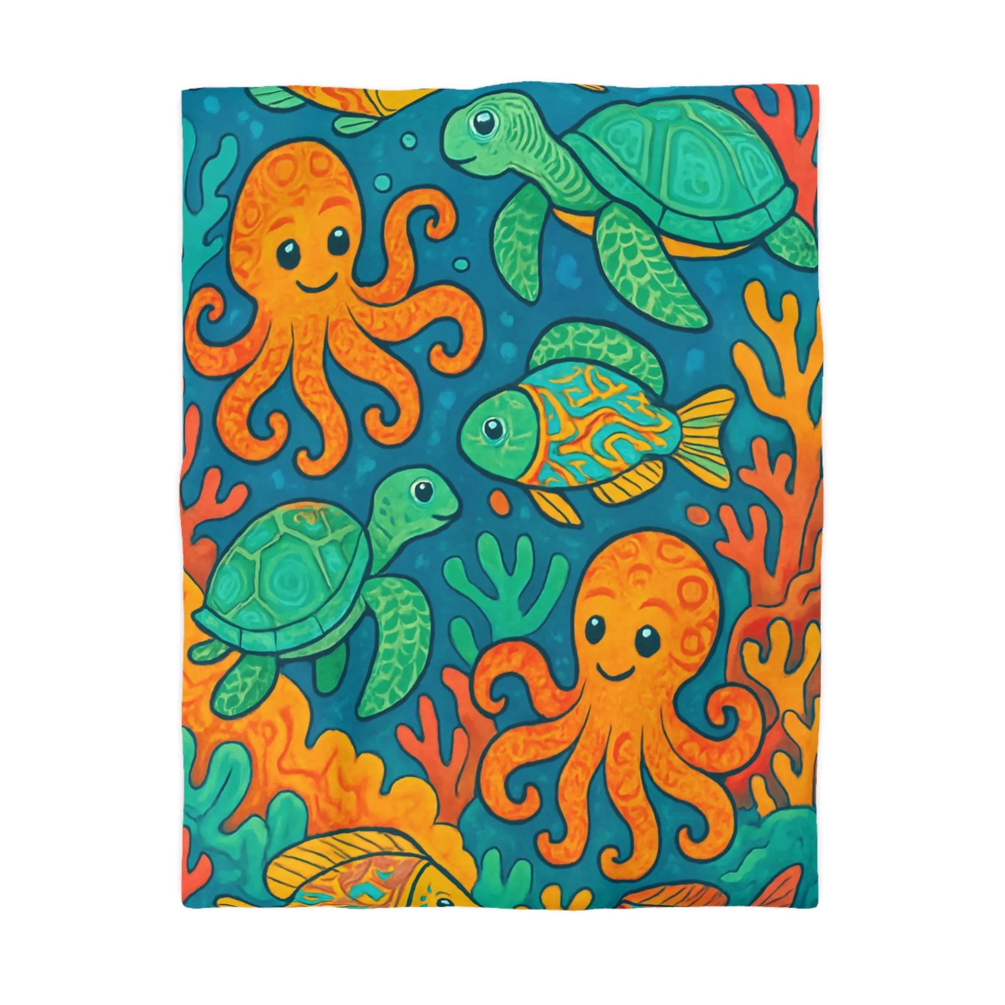 Ensemble de créatures marines joyeuses sous l'océan coloré, coraux orange vibrants