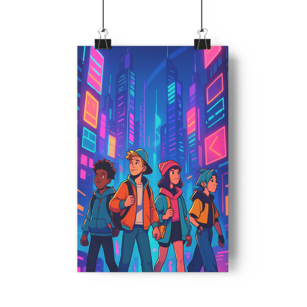 Poster décoratif futuriste cyberpunk bleu rose violet dynamique moderne bureau salon 30x46 néon explorateurs