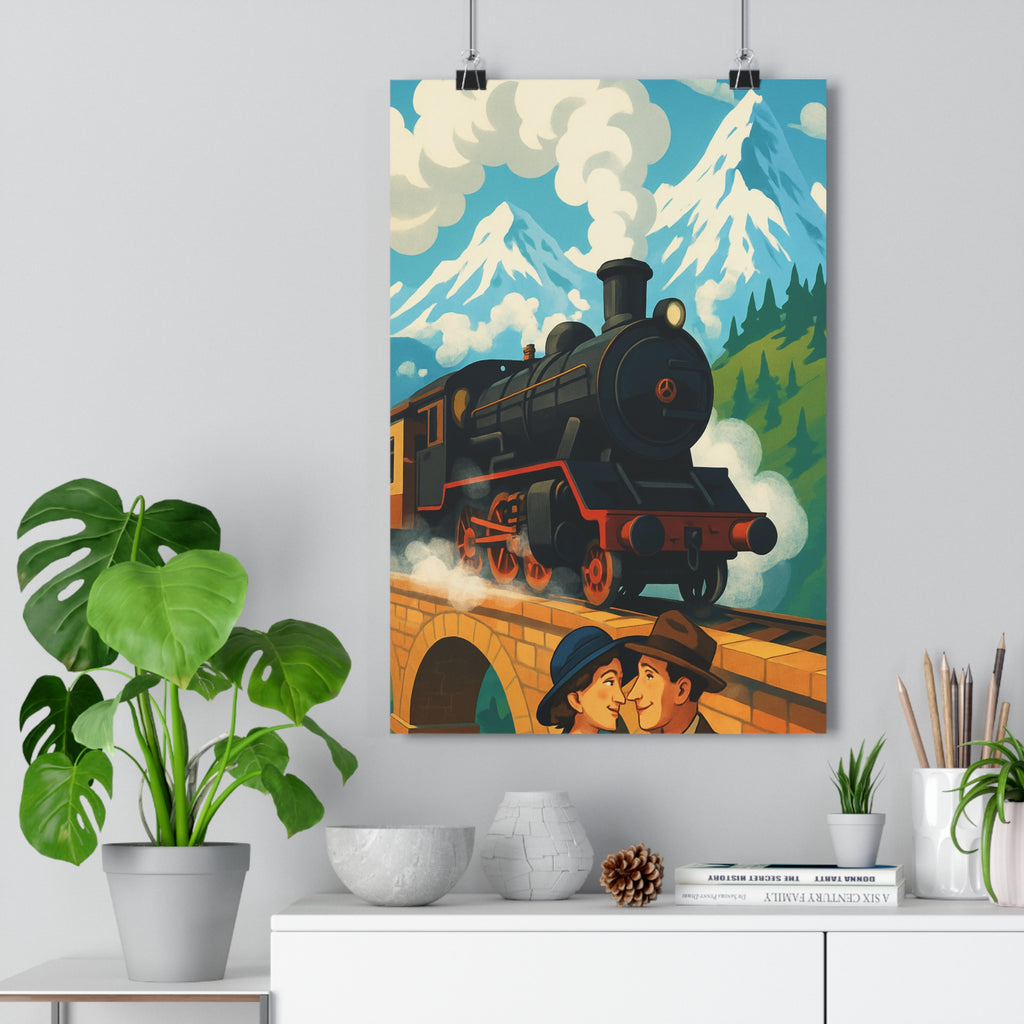 Poster décoratif romantique train vapeur dessin animé pastel salon chambre nostalgique montagne pont couple