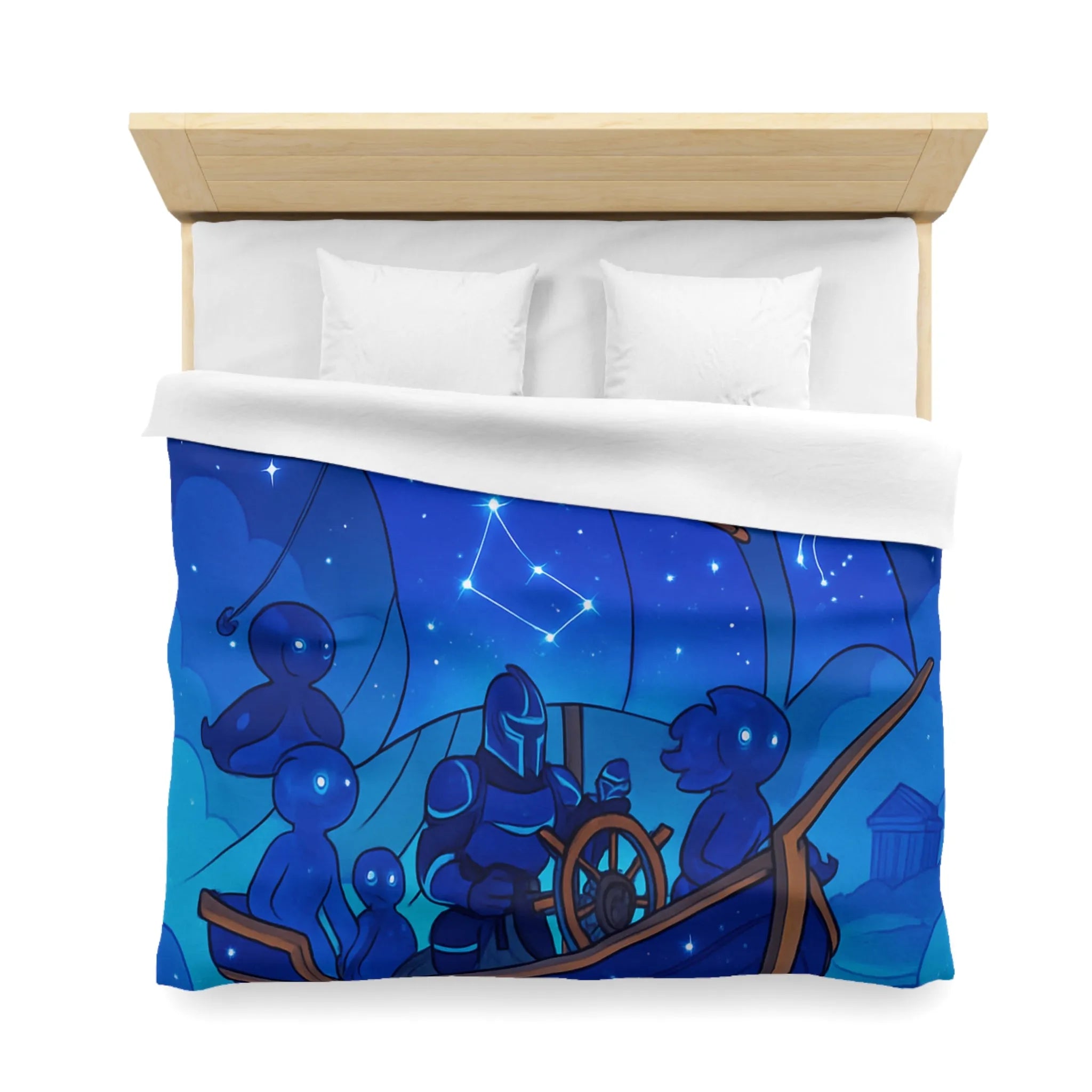 Housse de Couette Inspirée Ciel Étoilé avec Bateau et Constellations Bleu Nuit