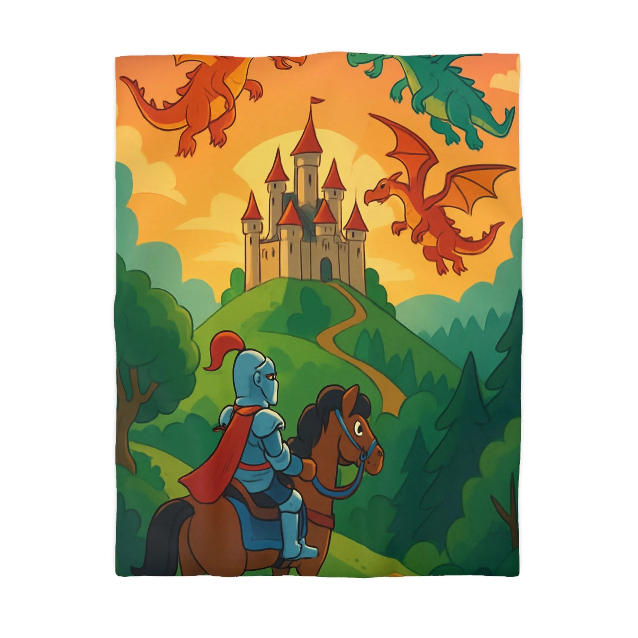 Housse de couette chevalier et dragons colorés pour chambre enfant thème aventure magique