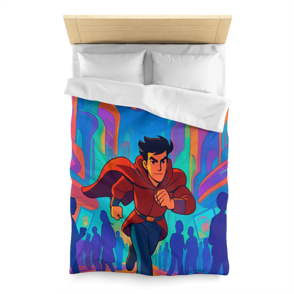 Housse de Couette avec Héros Futuriste Rouge Courant dans Ville Colorée et Dynamique