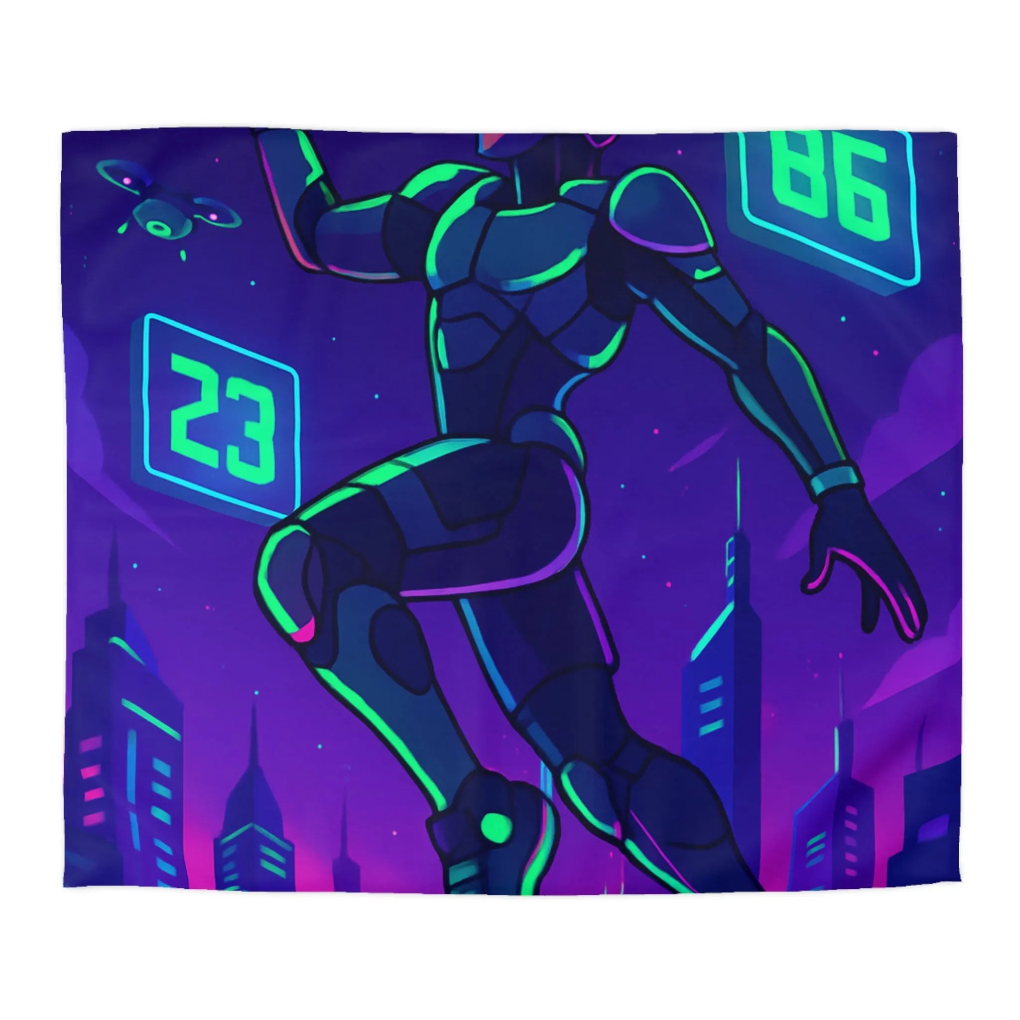 Housse de Couette Futuriste avec Robot Jouant au Basketball Lumineux dans Ville Néon