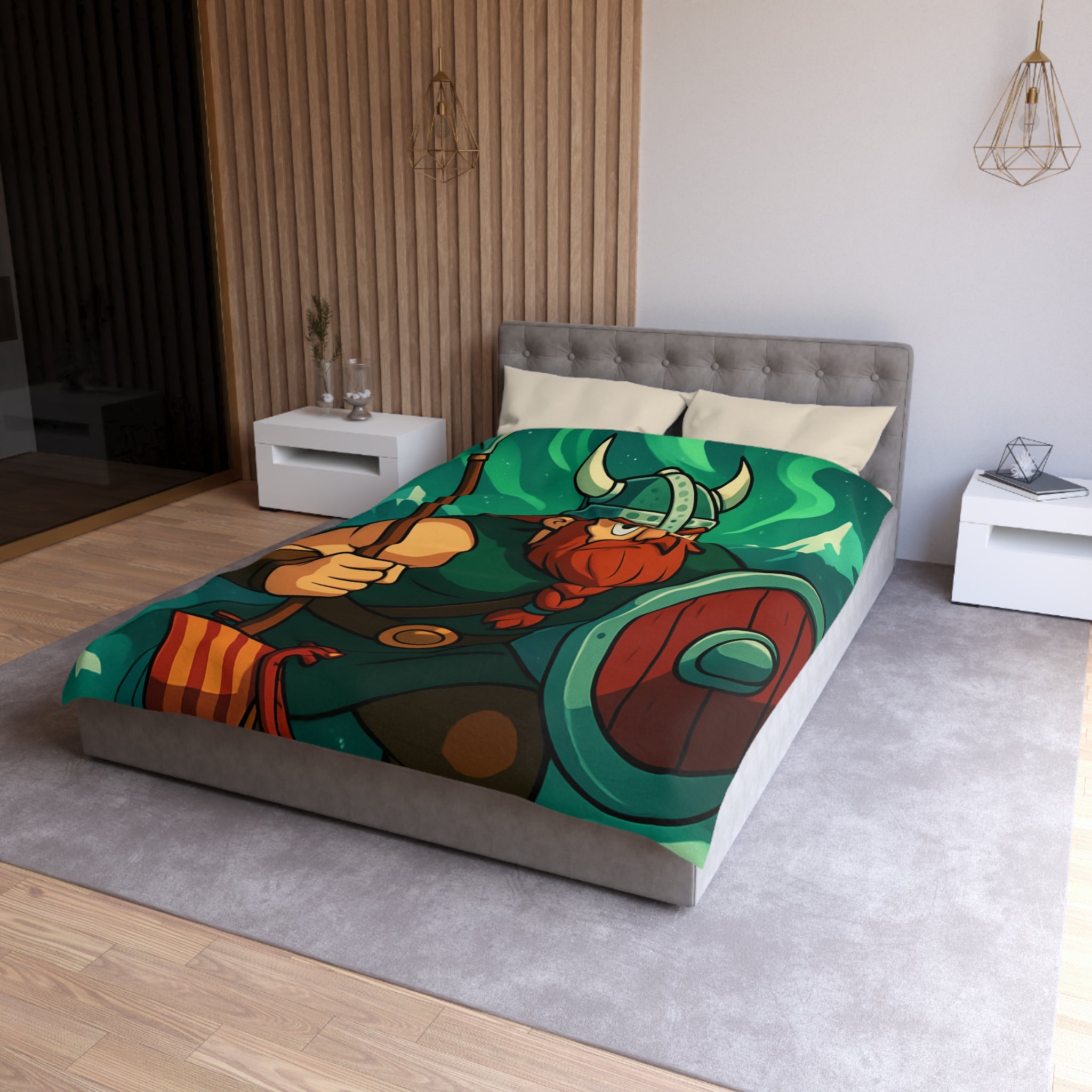 Housse de Couette Viking Illustration avec Guerrier Nordique, Montagne et Aurore Boréale