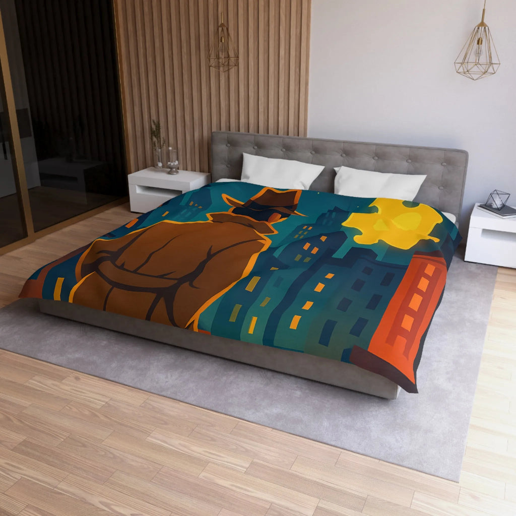 Enquête urbaine rétro avec puzzle lumineux sur housse de couette style détective nocturne