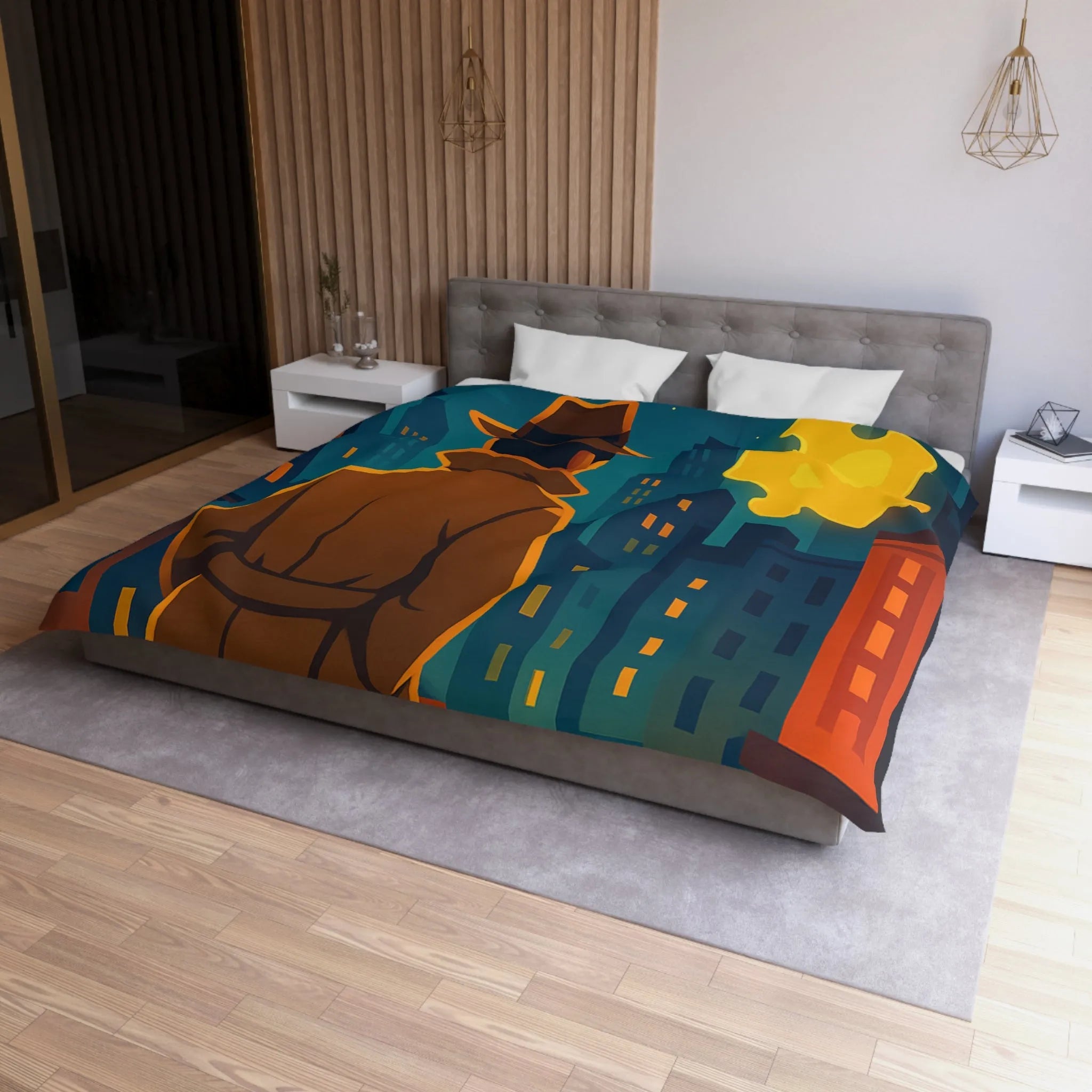 Enquête urbaine rétro avec puzzle lumineux sur housse de couette style détective nocturne