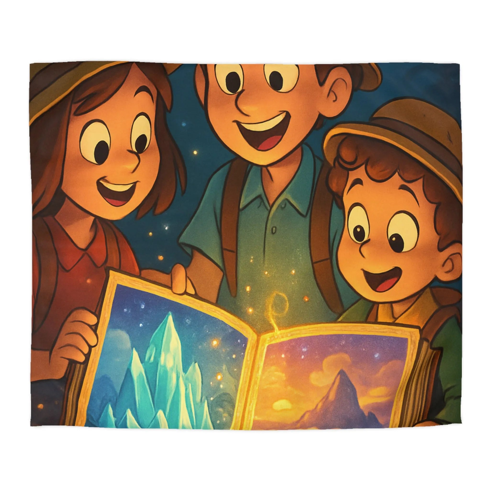 Housse de couette magique avec enfants explorant livre lumineux sous ciel étoilé