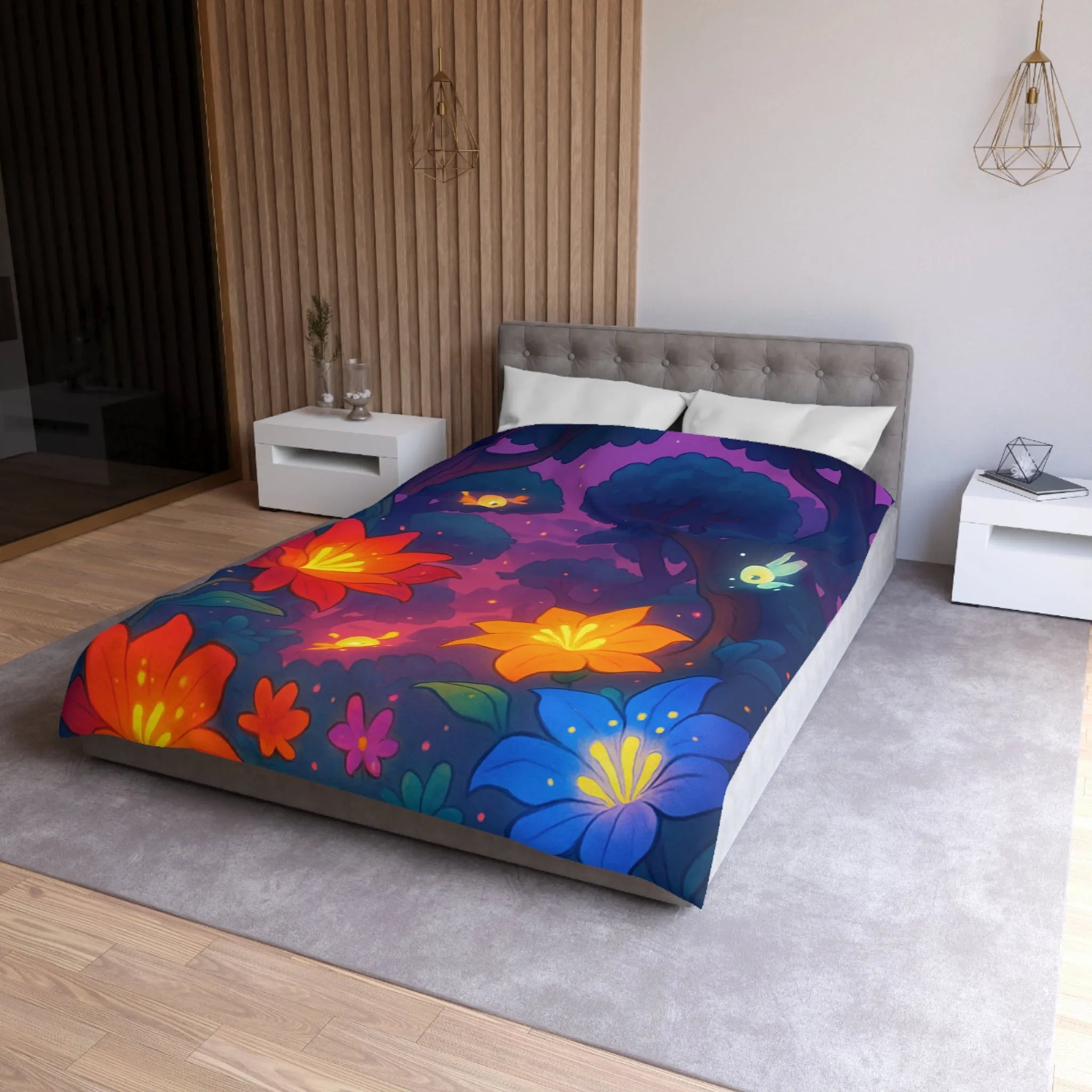 Housse de Couette avec Fleurs Lumineuses et Paysage Enchanté de Forêt Magique Nocturne