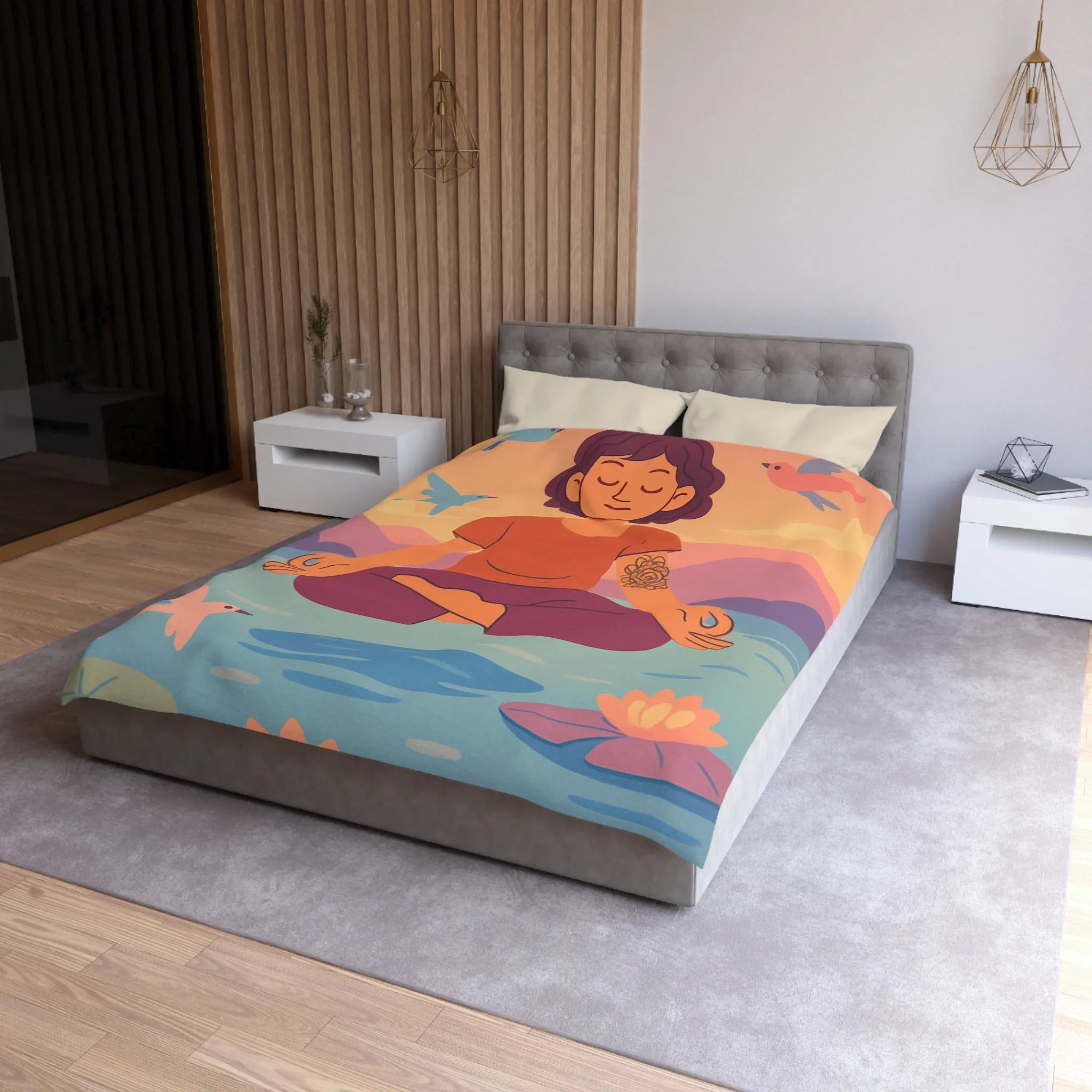 Housse de couette méditative avec motifs paisibles de nature et oiseaux colorés