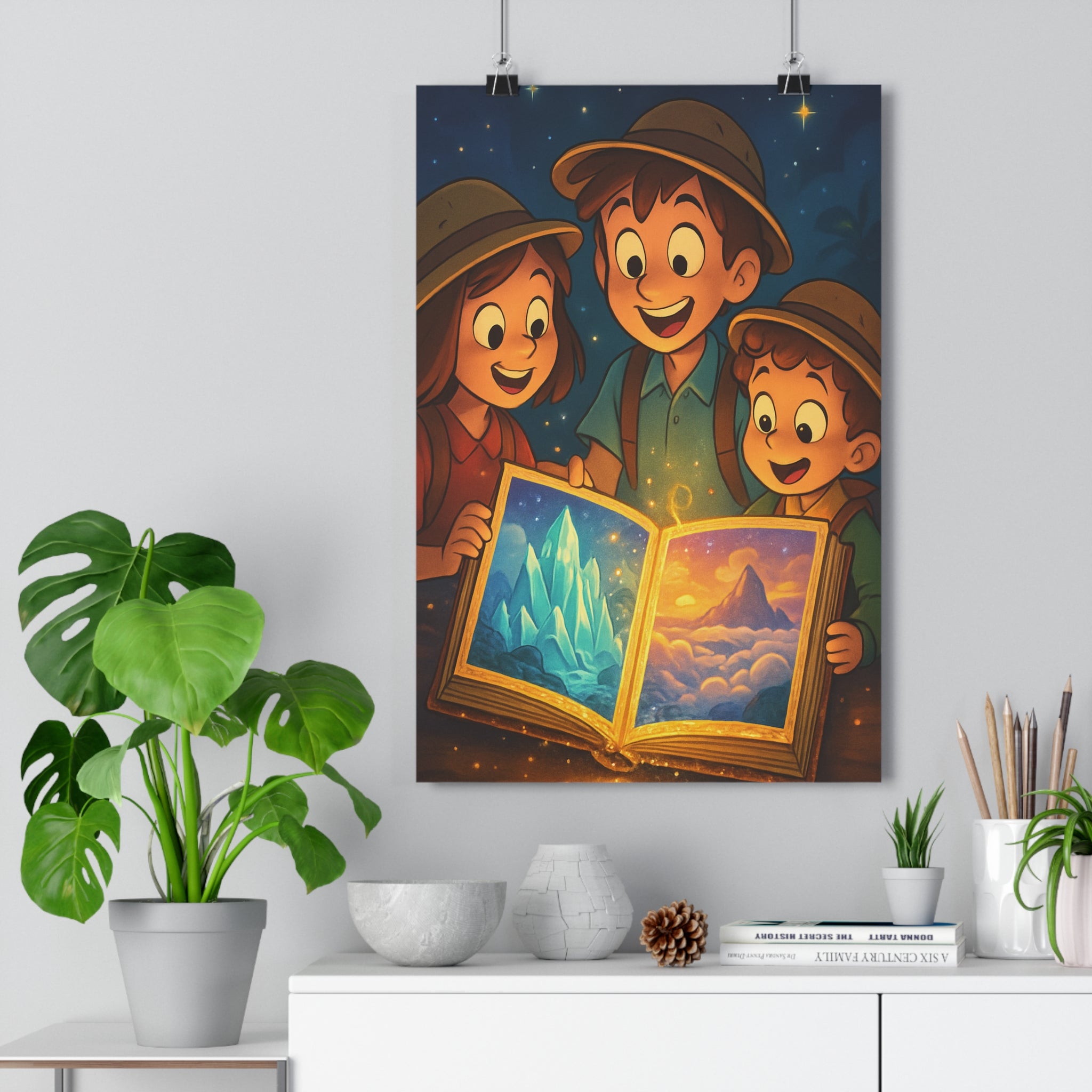 Poster décoratif anime enfants émerveillés magique chambre fantastique mystique aventure couleurs vibrantes murale décorative