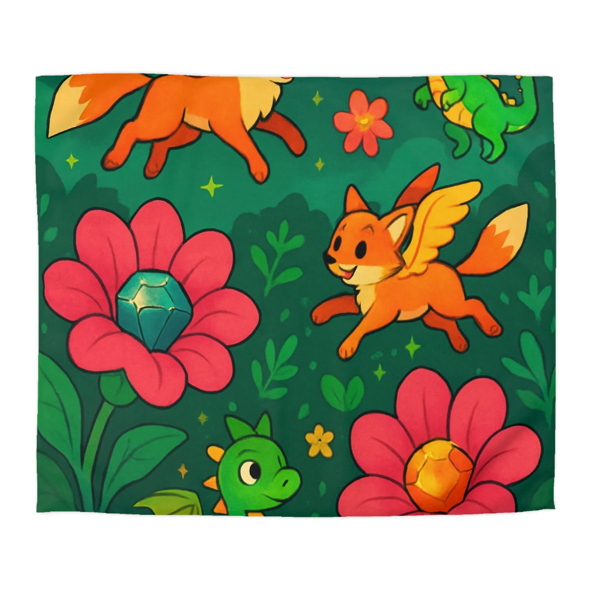 Housse de couette féerique renards ailés et dragons colorés sur fond floral