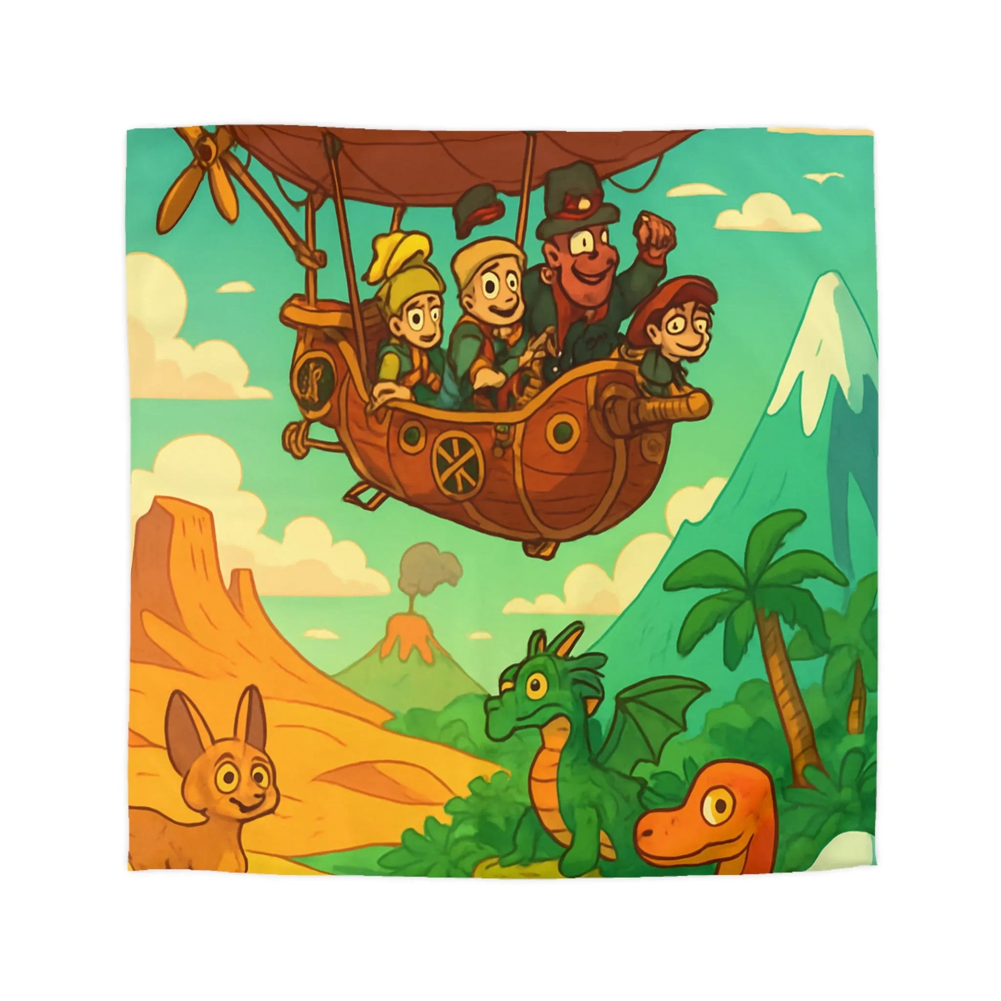 Adorable Housse de Couette Aventure Ballon Dirigeable avec Dinosaure et Paysage Montagnard