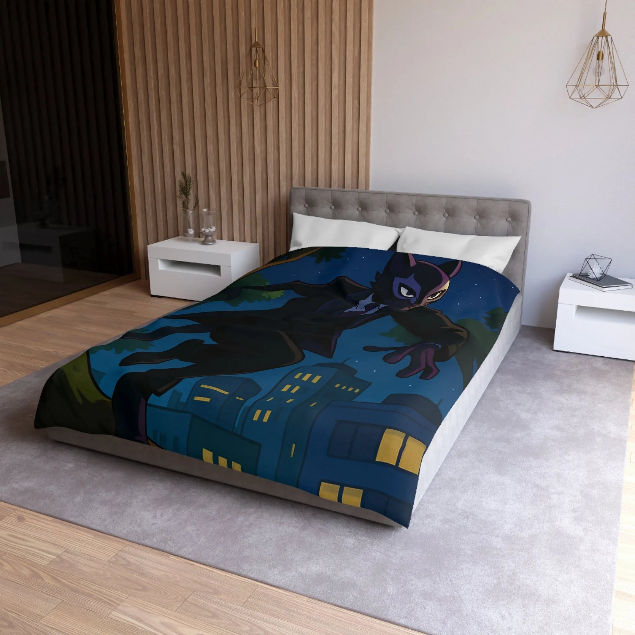 Housse De Couette Chat Masqué Élégant En Ville La Nuit Urbain Mystérieux