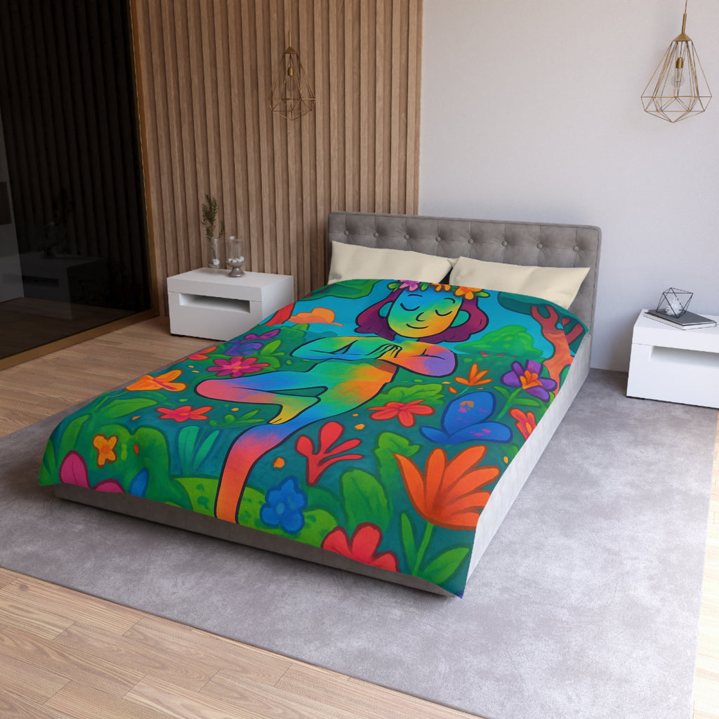 Housse de Couette avec Illustration Arc-en-Ciel d’une Personne Pratiquant le Yoga en Nature