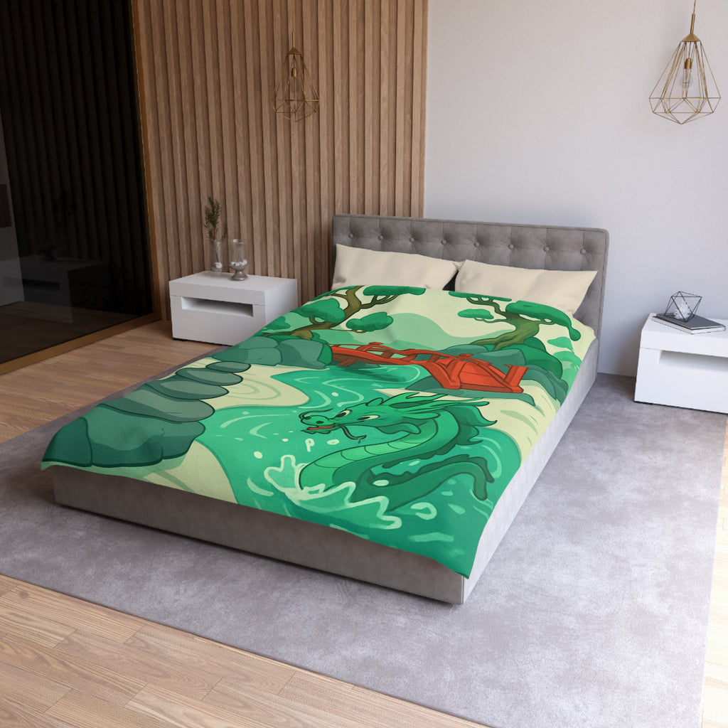 Magnifique housse de couette dragon vert dans jardin zen avec pont rouge