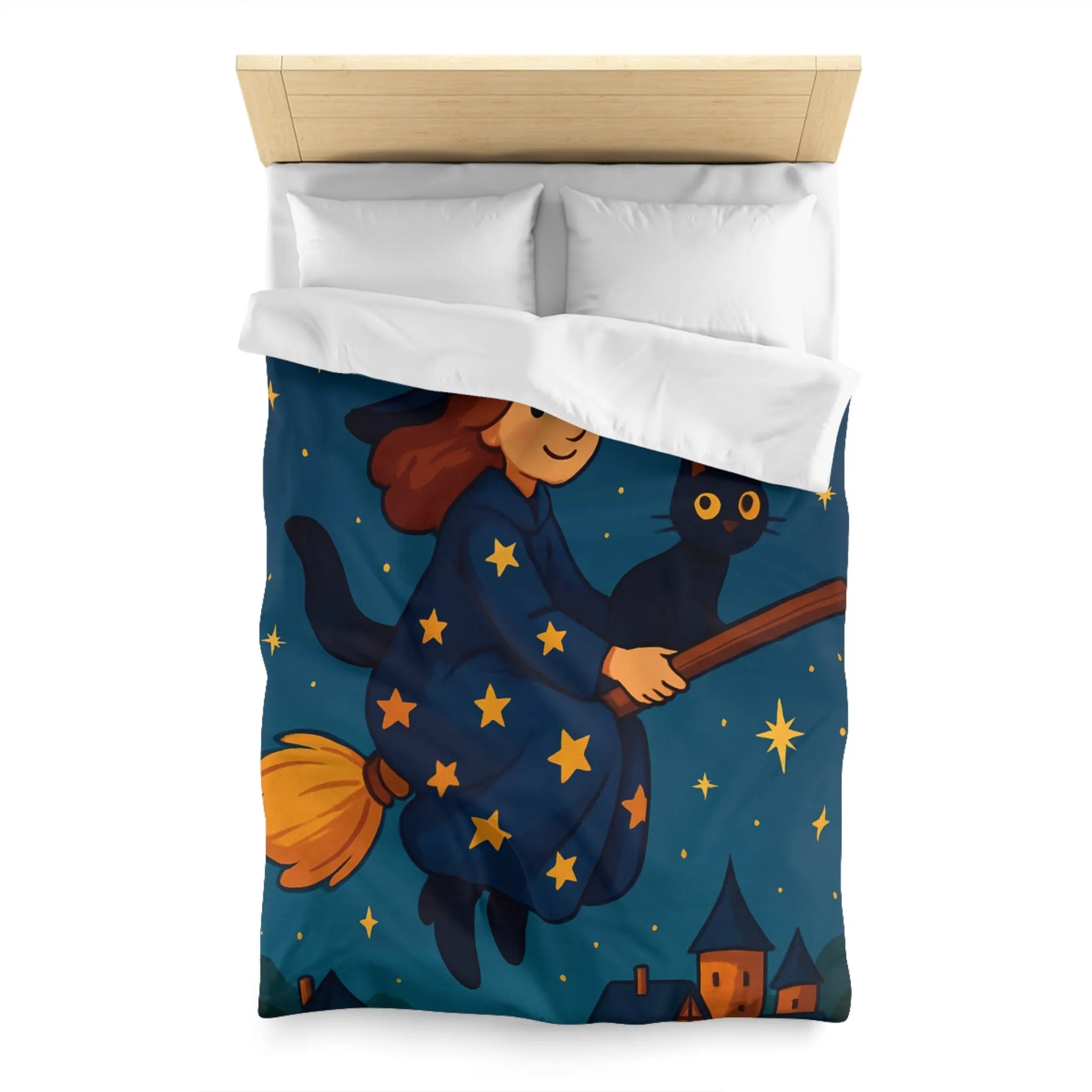 Housse de Couette Enfant Fantaisie Sorcière et Chat Noir sur Balai Nocturne