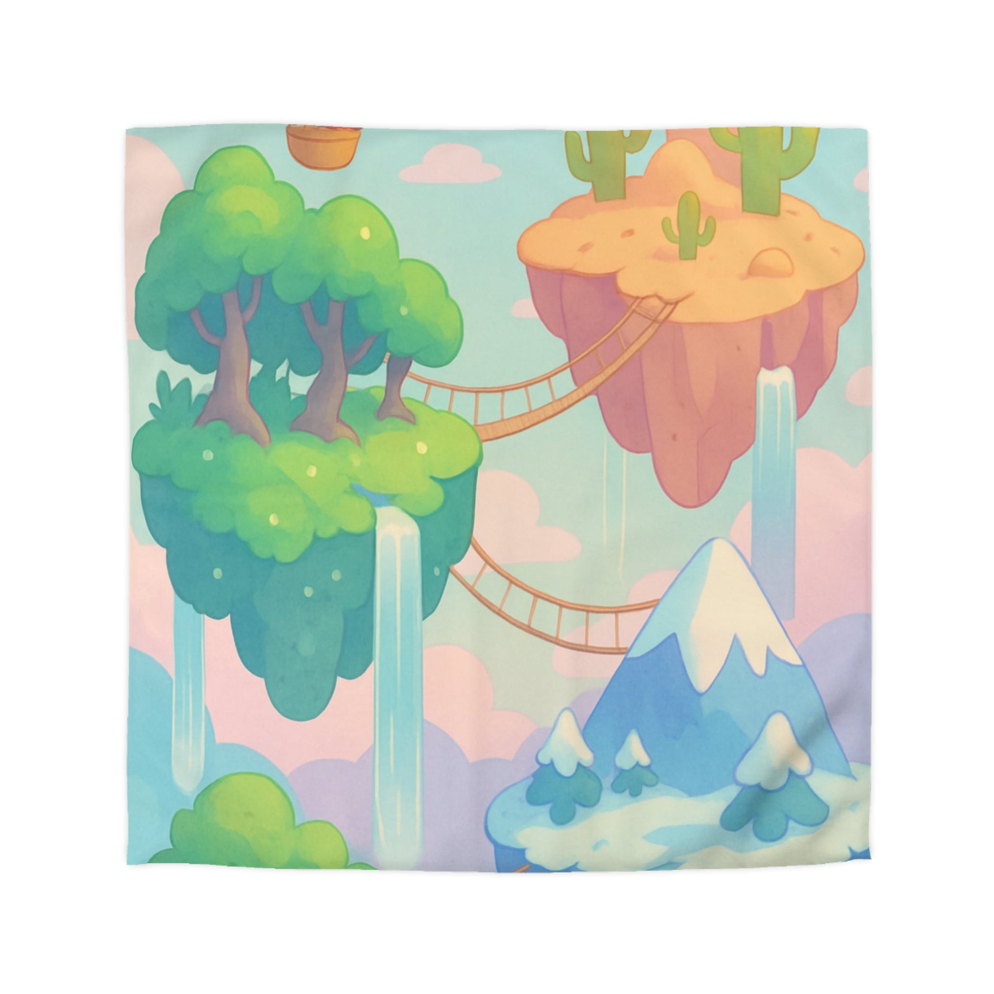 Housse de couette rêveuse avec montgolfière et îles flottantes féeriques en pastel
