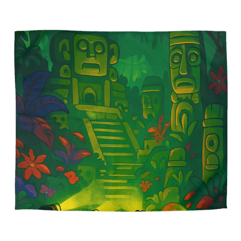 Housse de couette forêt tropicale avec statues anciennes, parfait pour les explorateurs nocturnes