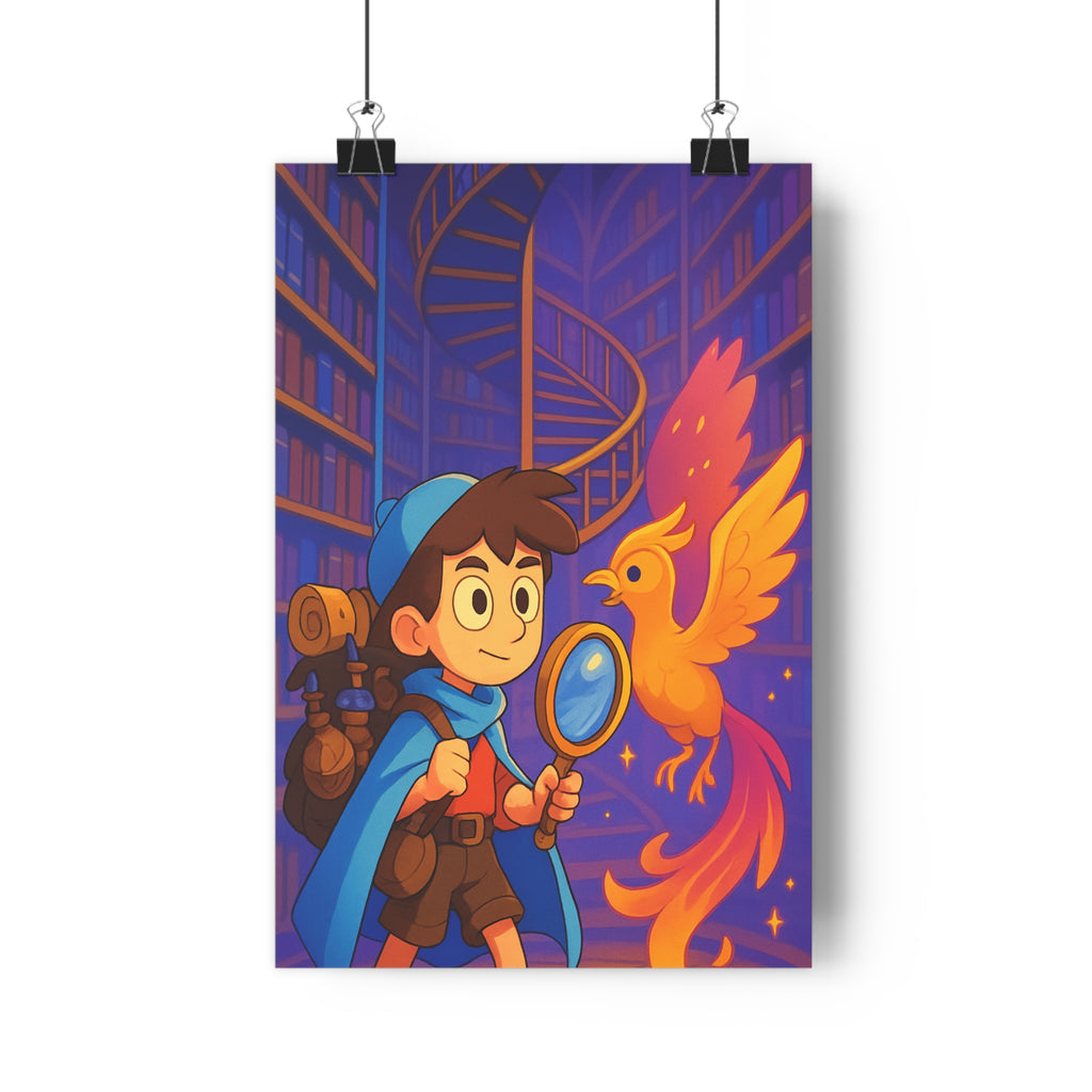 Poster décoratif cartoon aventure magique enfant oiseau feu chambre bibliothèque couleurs éclatantes 30x46 ambiance