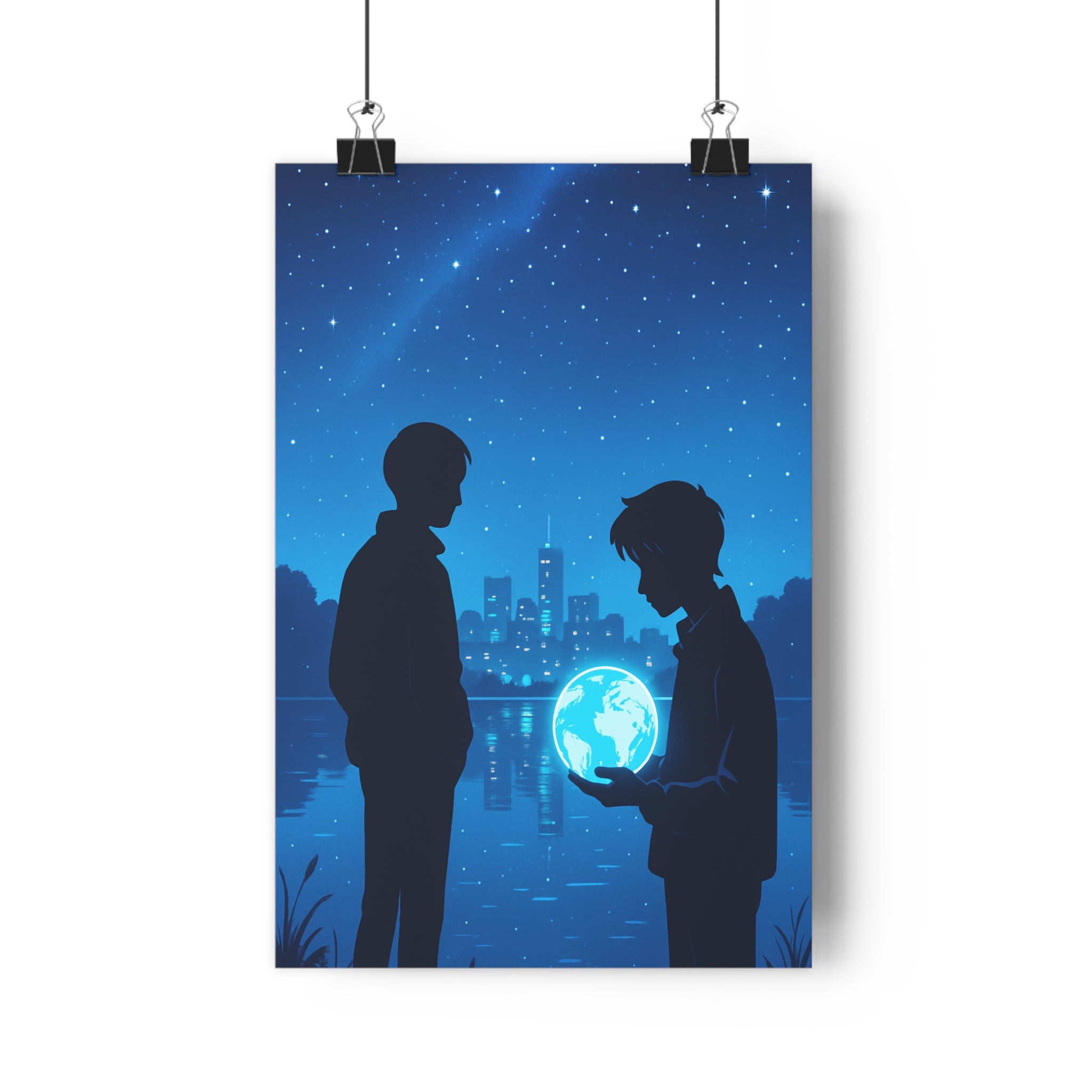 Poster décoratif bleu profond mystique nocturne silhouettes lac lumineux ville ciel étoilé chambre ambiance