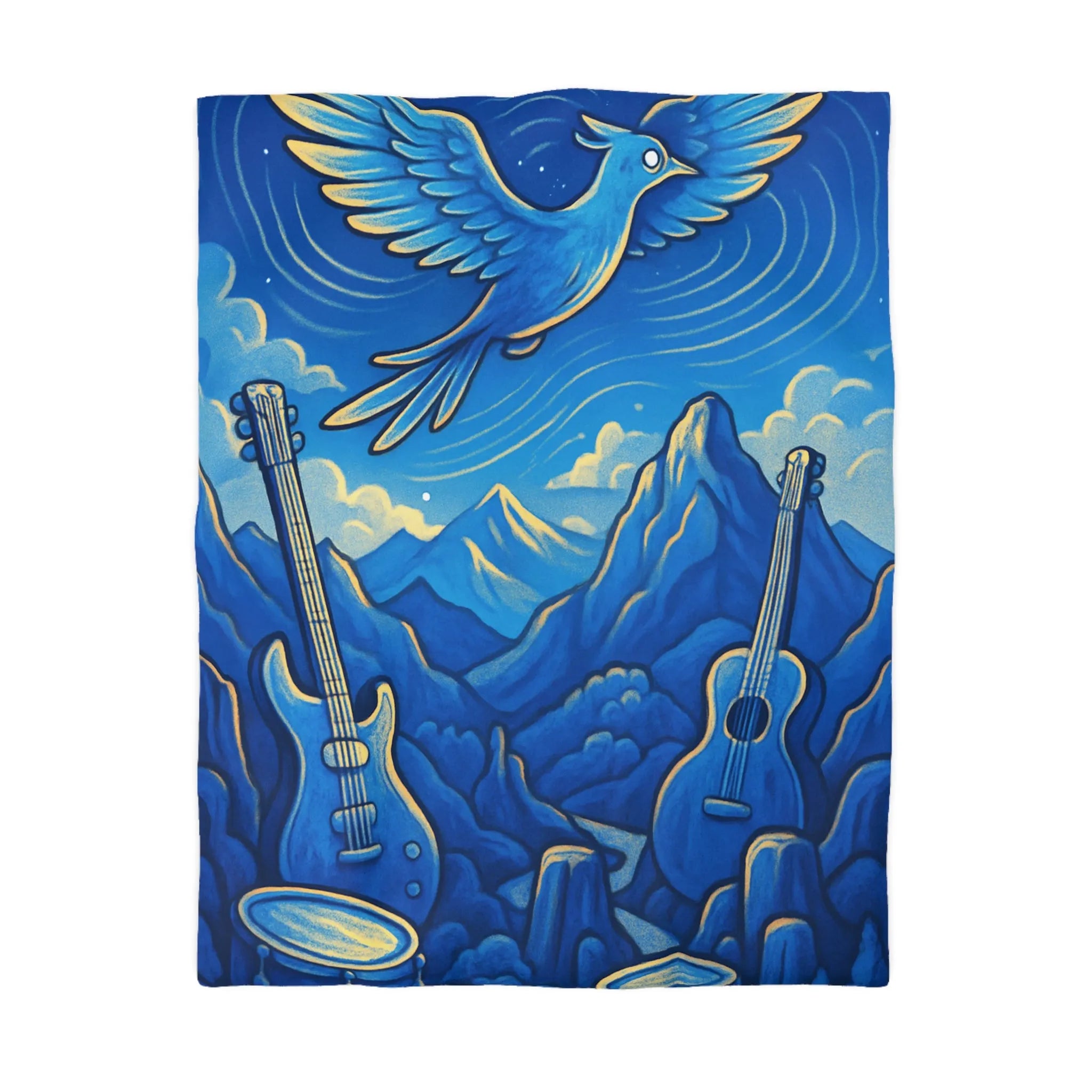 Housse de couette mélodieuse avec oiseau bleu et instruments de musique en montagne