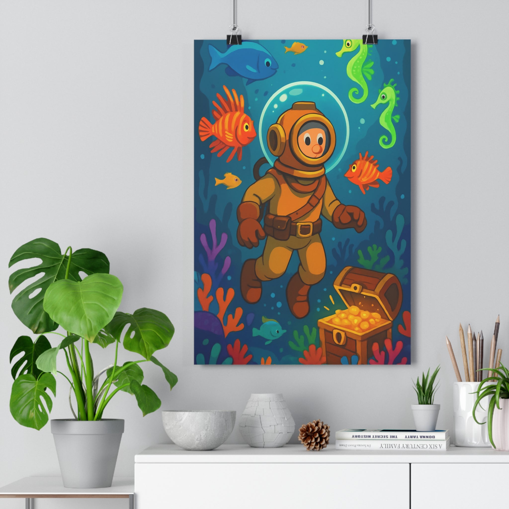 Poster décoratif rétro aventure océan mystique chambre bureau poissons plongeur vintage créatures marines exploration