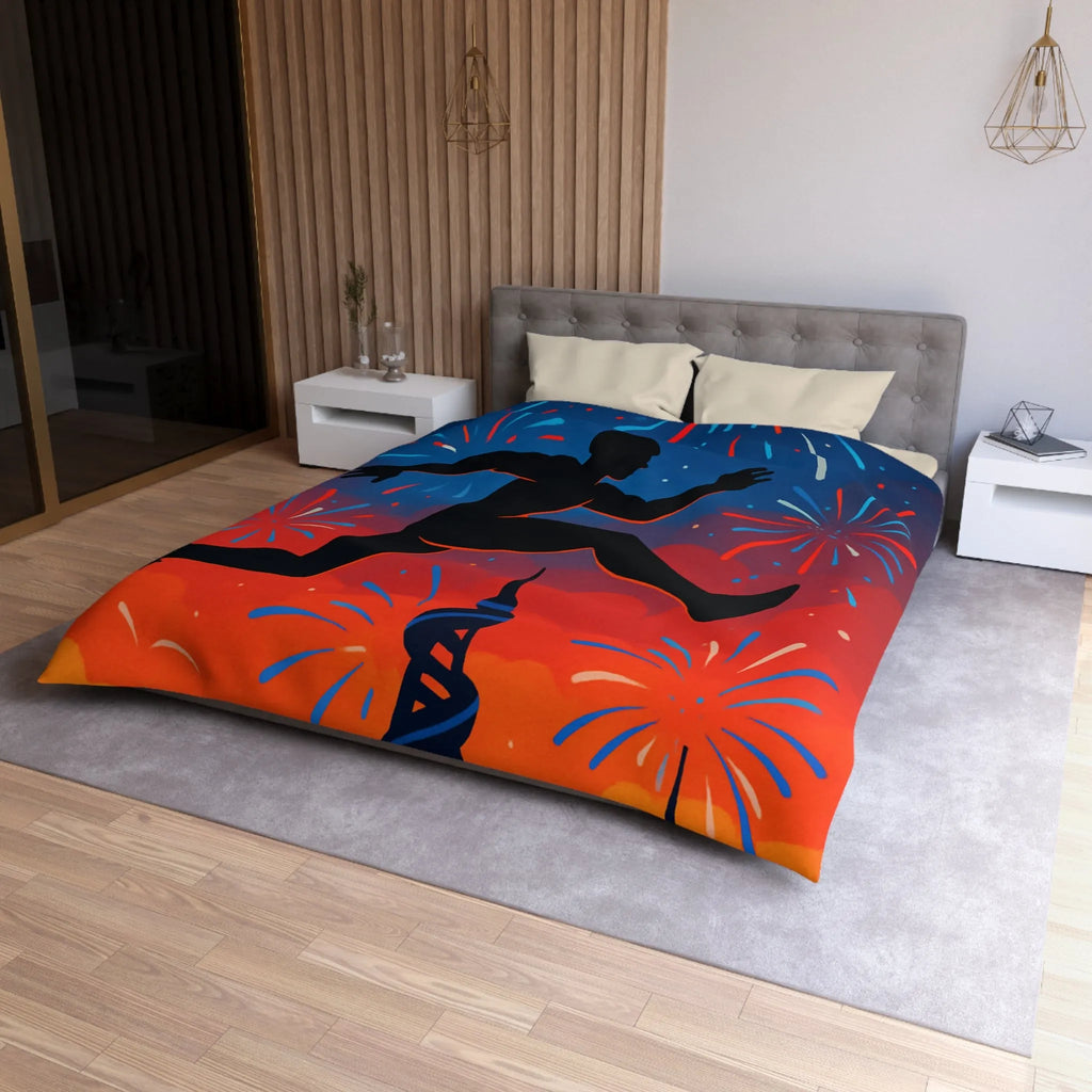 Housse de couette avec silhouette sportive et feux d'artifice, ambiance nocturne colorée