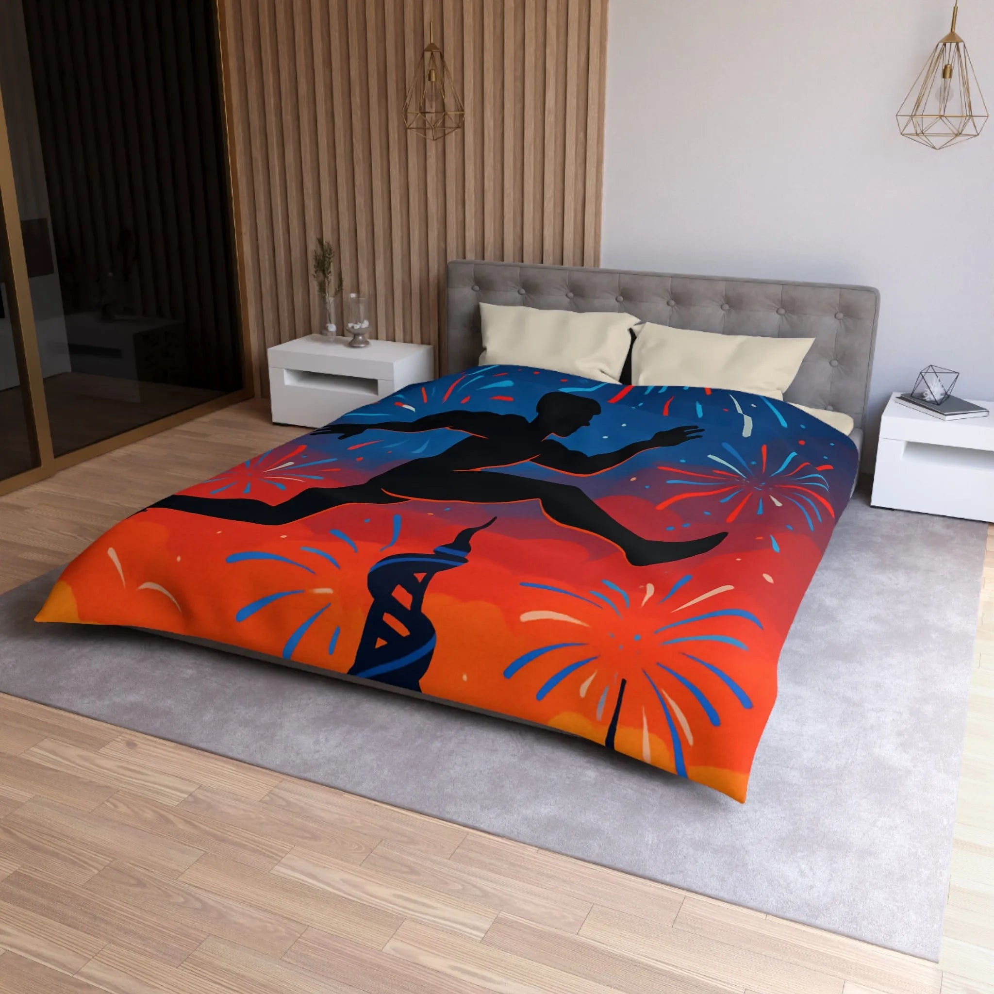Housse de couette avec silhouette sportive et feux d'artifice, ambiance nocturne colorée