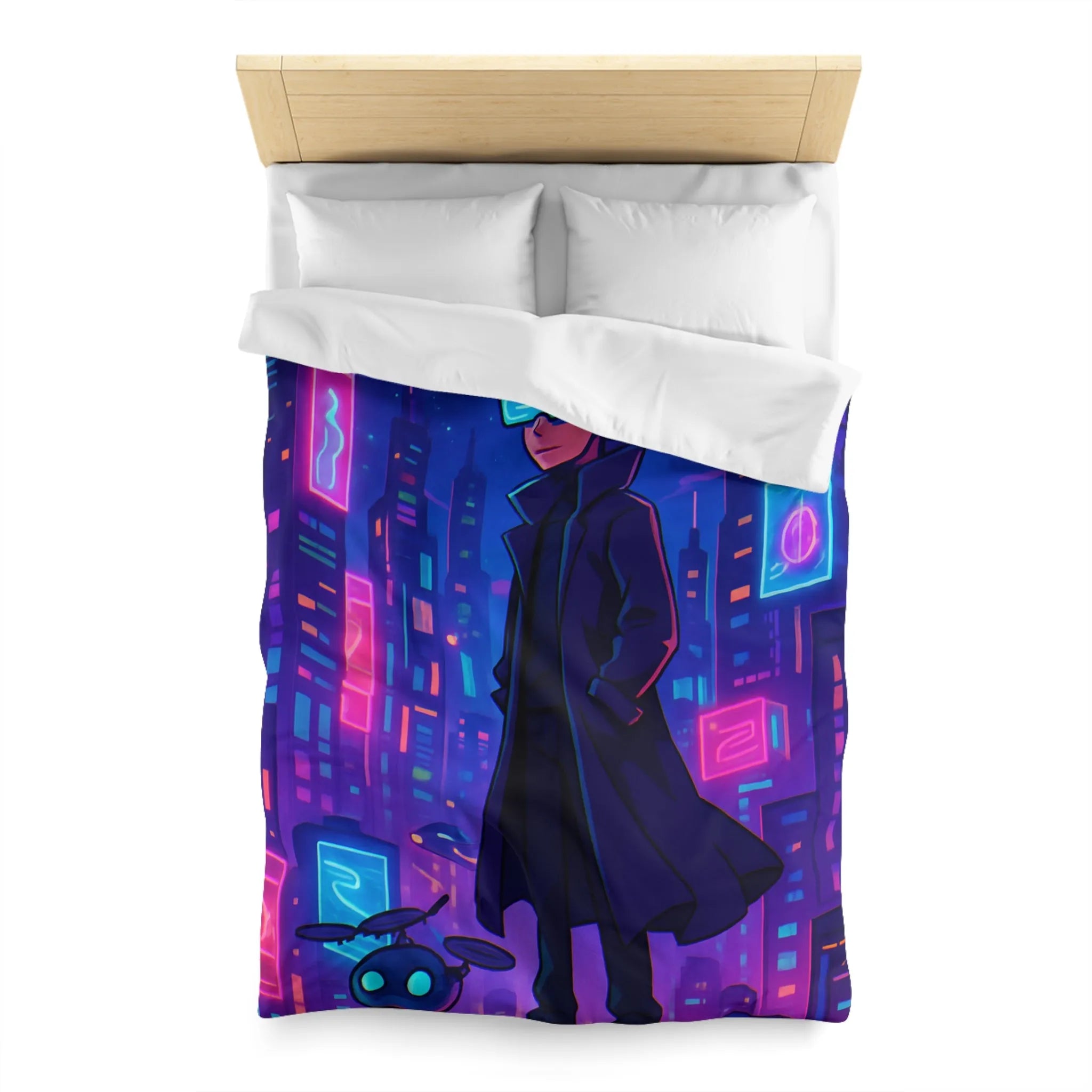 Housse de couette en néon futuriste avec personnage mystérieux et skyline cyberpunk