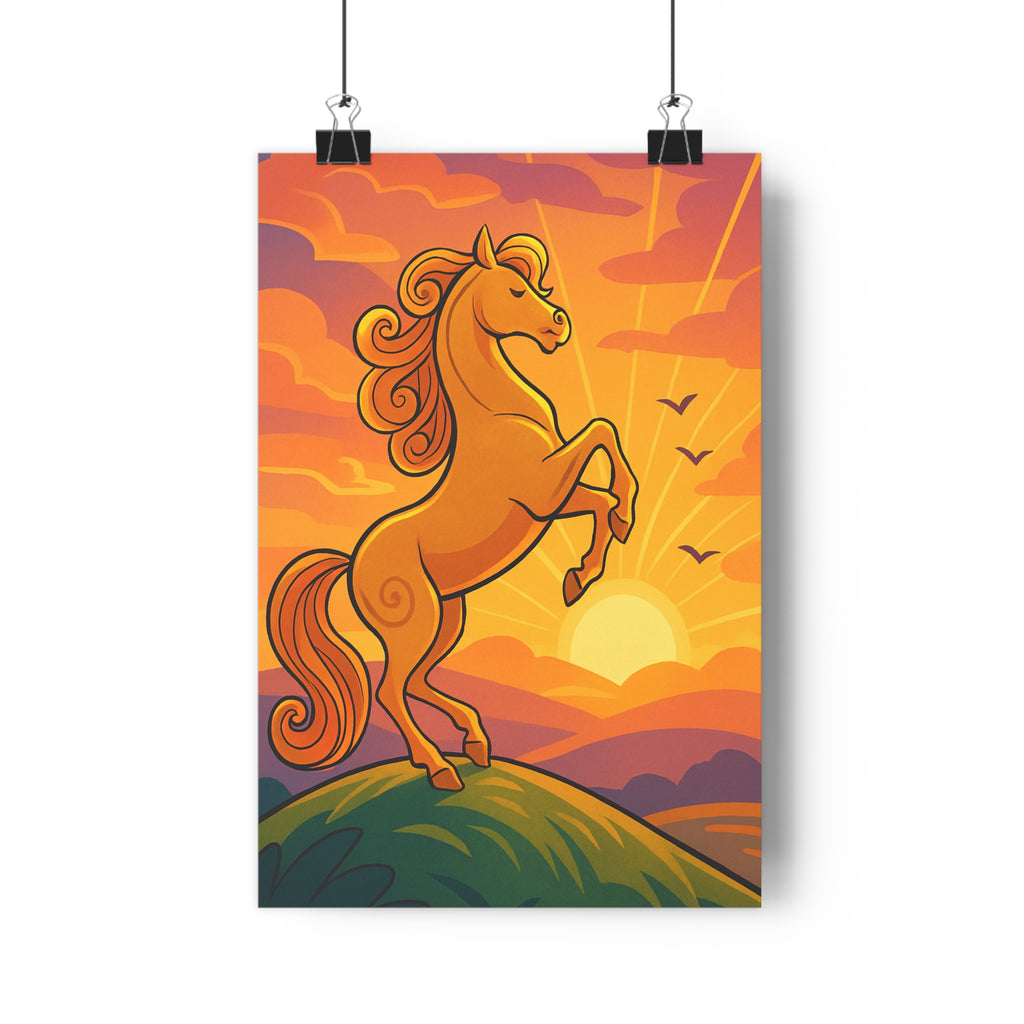 Poster décoratif cartoon chevalier orange doré aventure chambre salon dynamique paysage majestueux colline stylisé