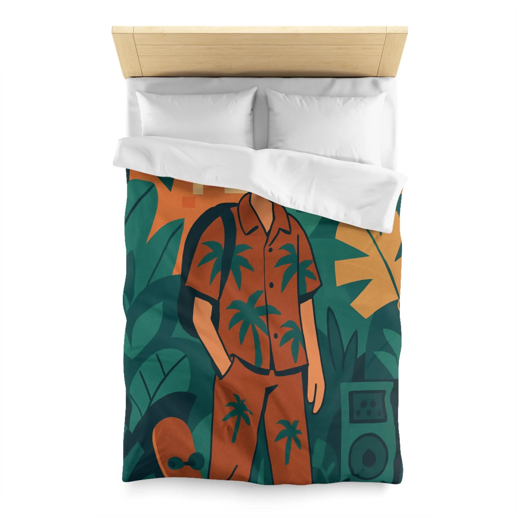 Housse de couette exotique ado, ambiance tropicale, skateboard et palmiers, style graphique coloré