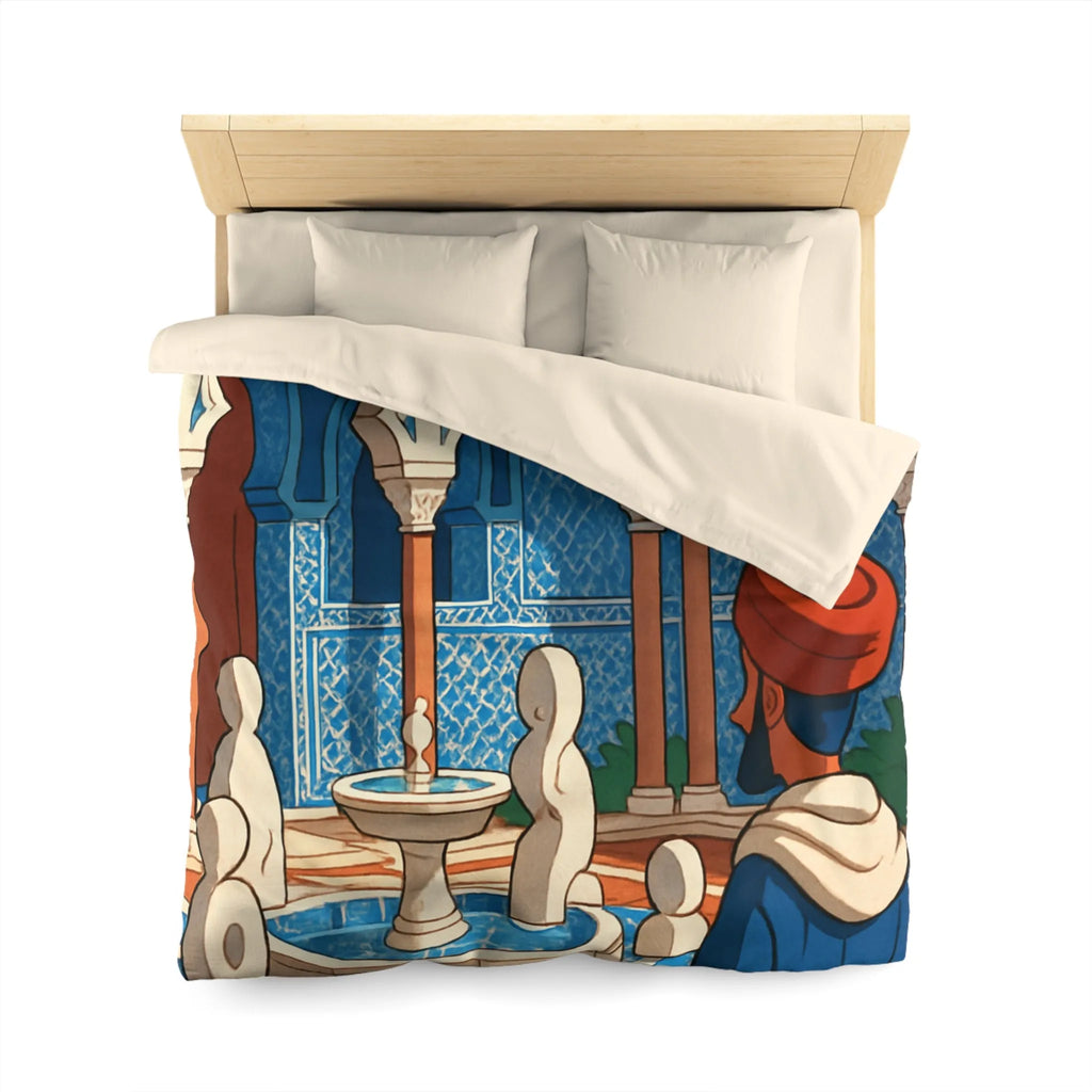 Housse de couette avec design marocain bleu, arches andalouses, fontaine et personnage paisible