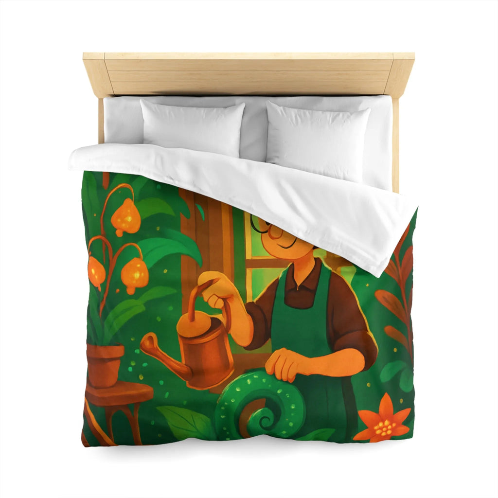 Housse de couette colorée avec illustration botanique d'intérieur et personnage jardinier animé