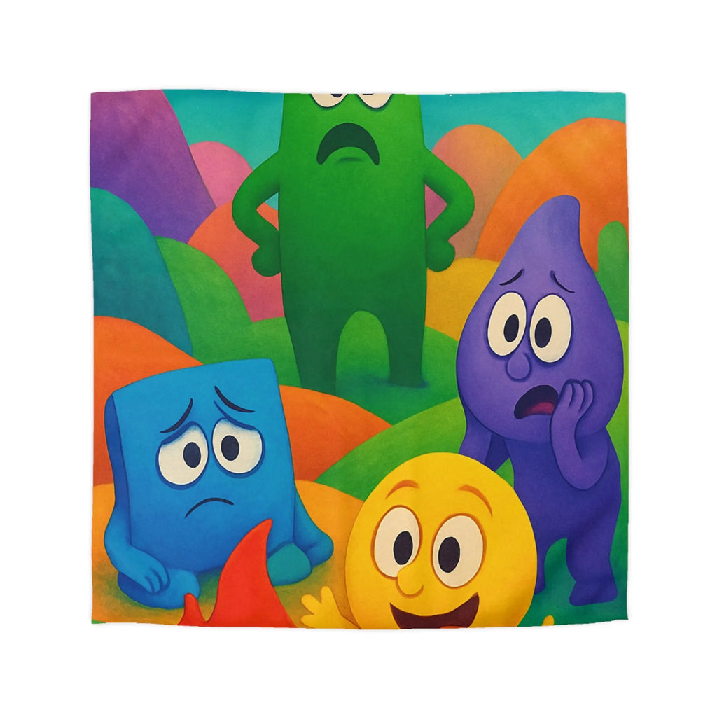 Housse de couette colorée avec personnages expressifs sur fond de collines arc-en-ciel