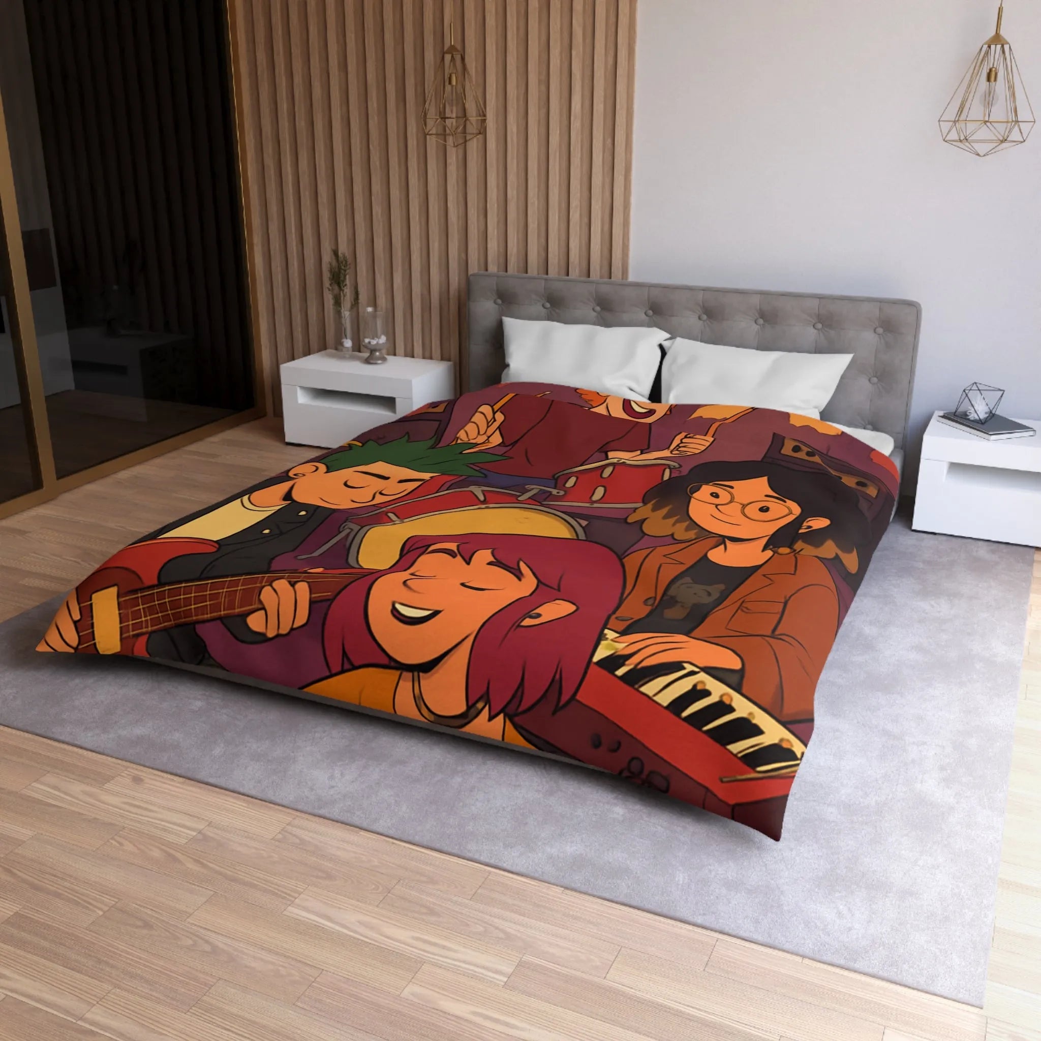 Housse de couette colorée avec jeunes musiciens animés jouant en harmonie joyeuse