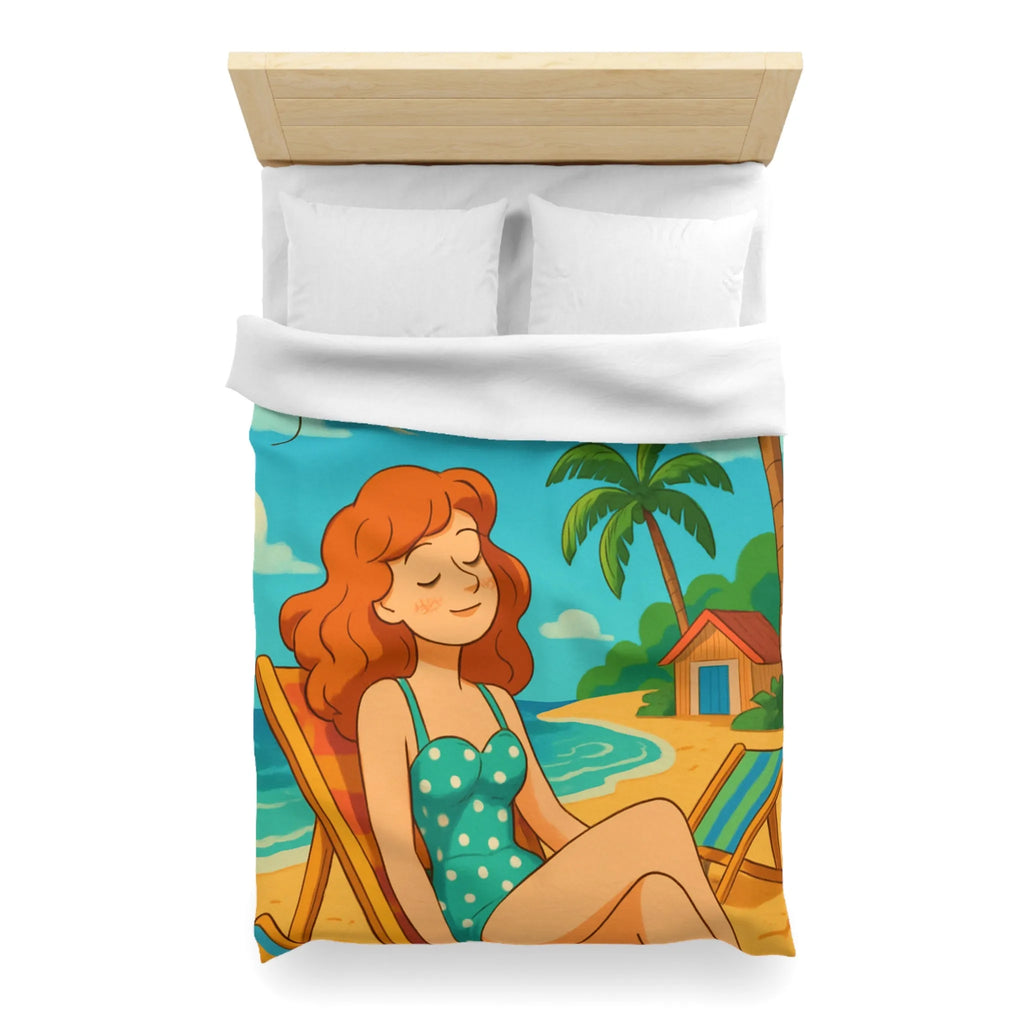 Housse de couette illustrée plage relaxante avec fille et cerf-volant coloré