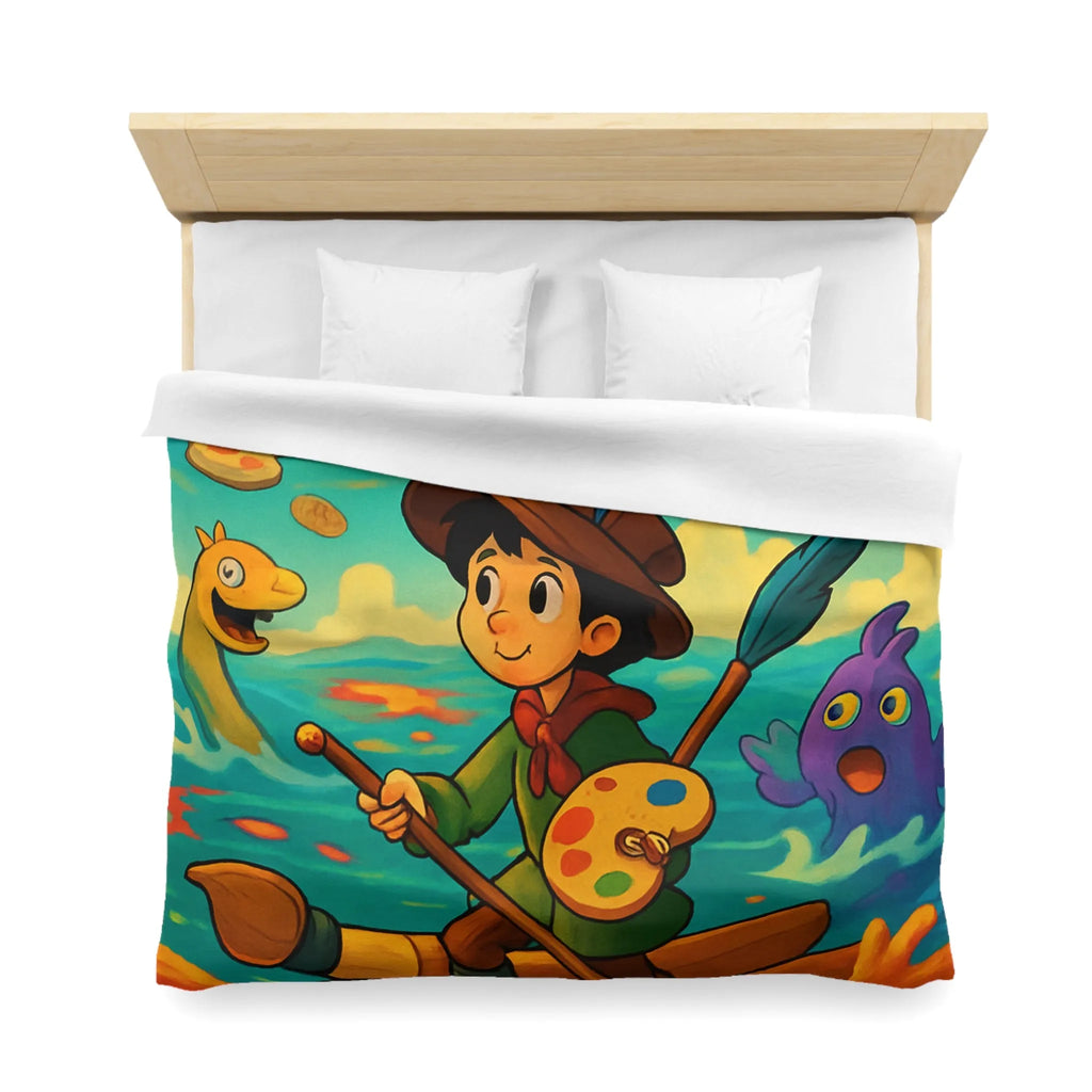 Housse de couette aquarelle enfantine, enfant peignant dans un tourbillon de couleurs vives