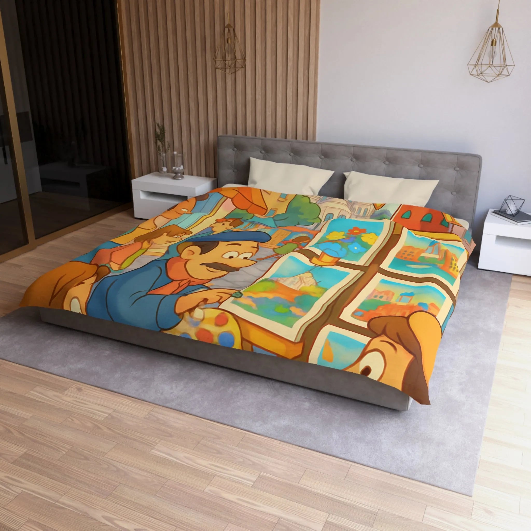 Housse de Couette Illustrée: Scène Parisienne Peintre et Moulin Rouge Enfants