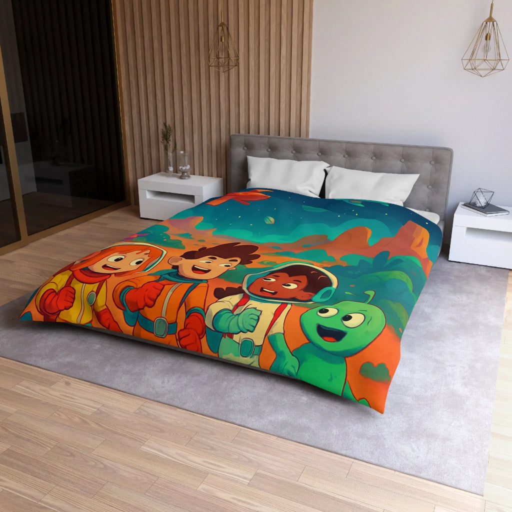 Housse de couette espace enfants, design coloré avec astronautes et paysages interstellaires