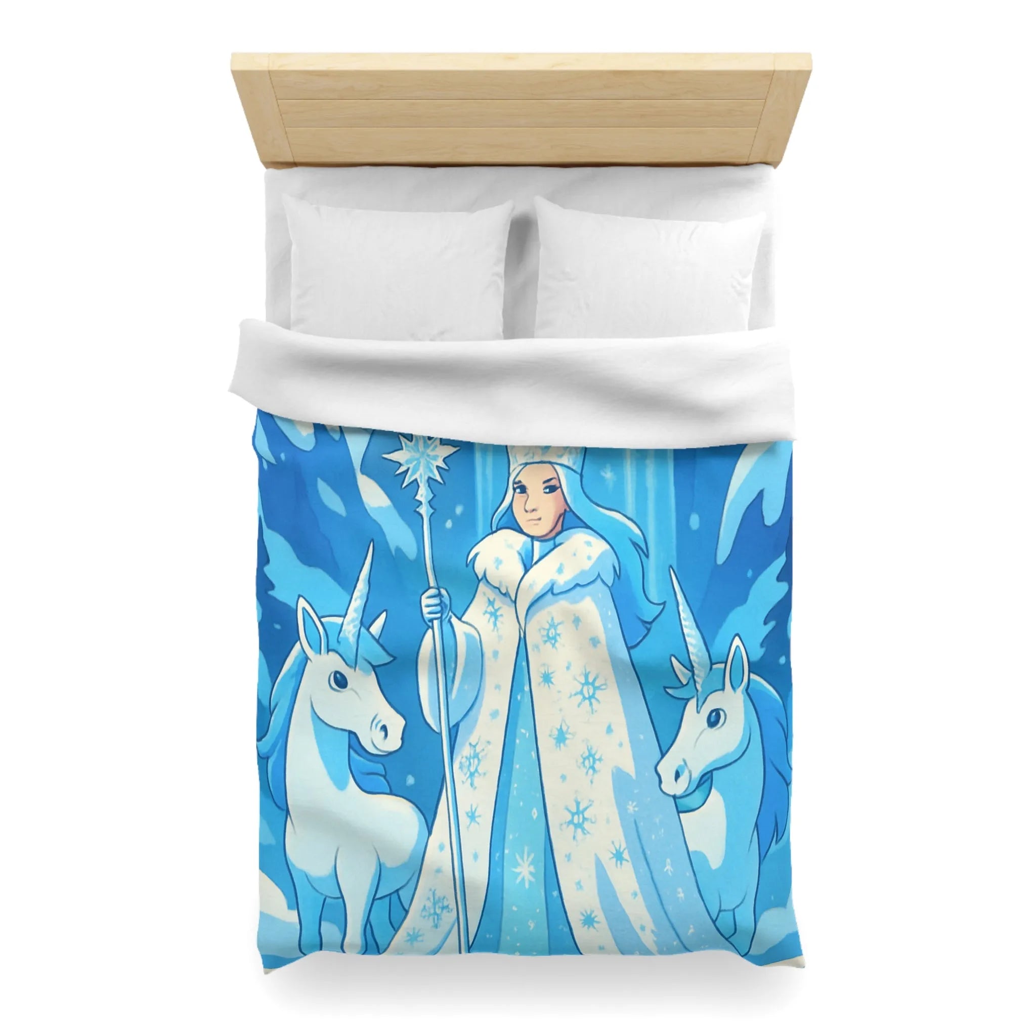 Housse de couette féerique avec reine des neiges, licornes et cascade magique