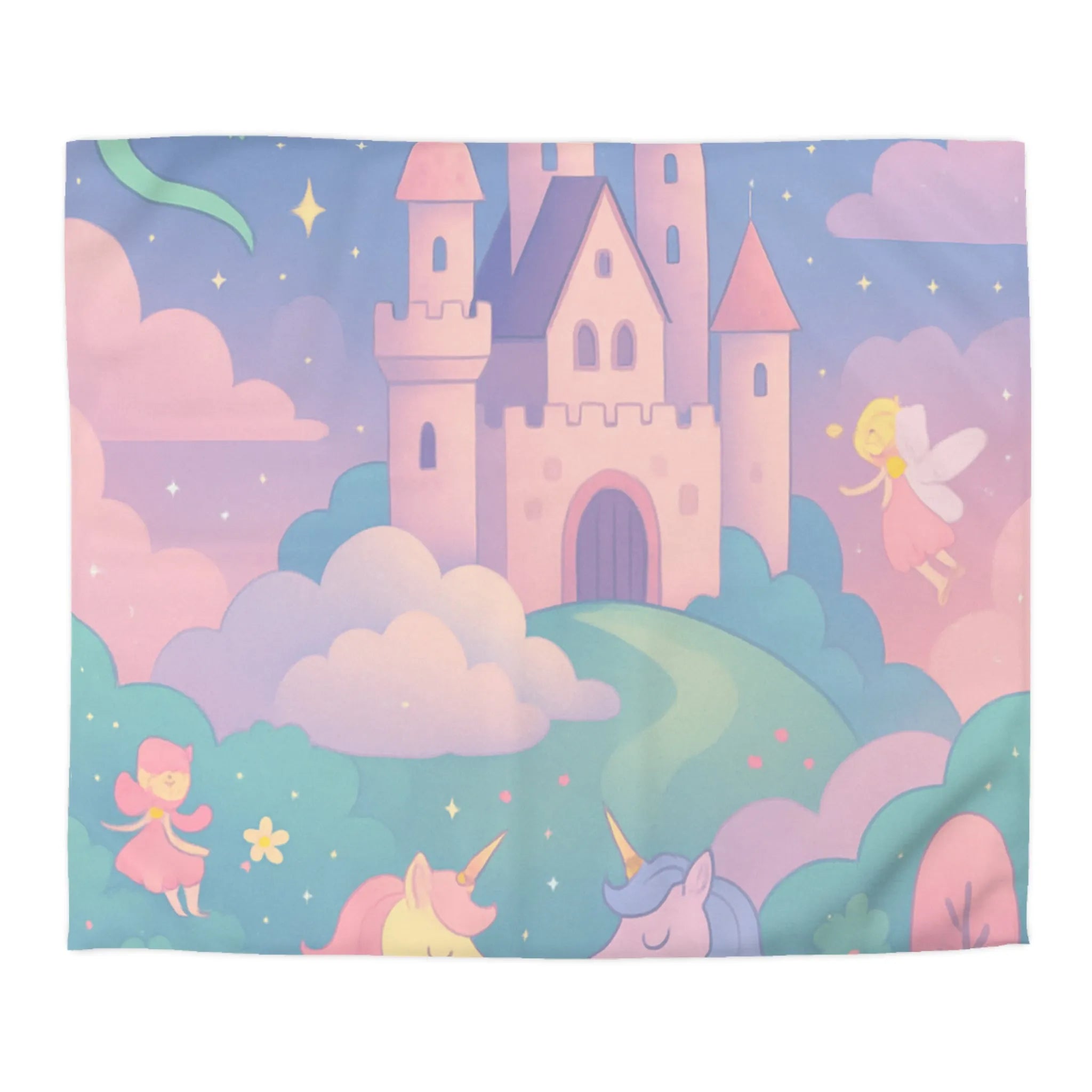 Housse de couette magique pour enfant avec licornes, château, dragon et fée