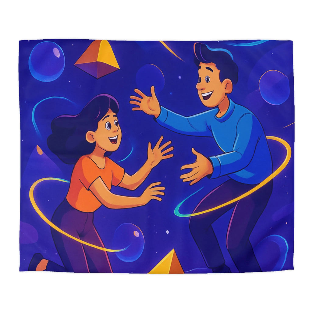 Housse de Couette Design Géométrique Magnifique avec Personnages Colorés et Éléments Spatiaux Vibrants