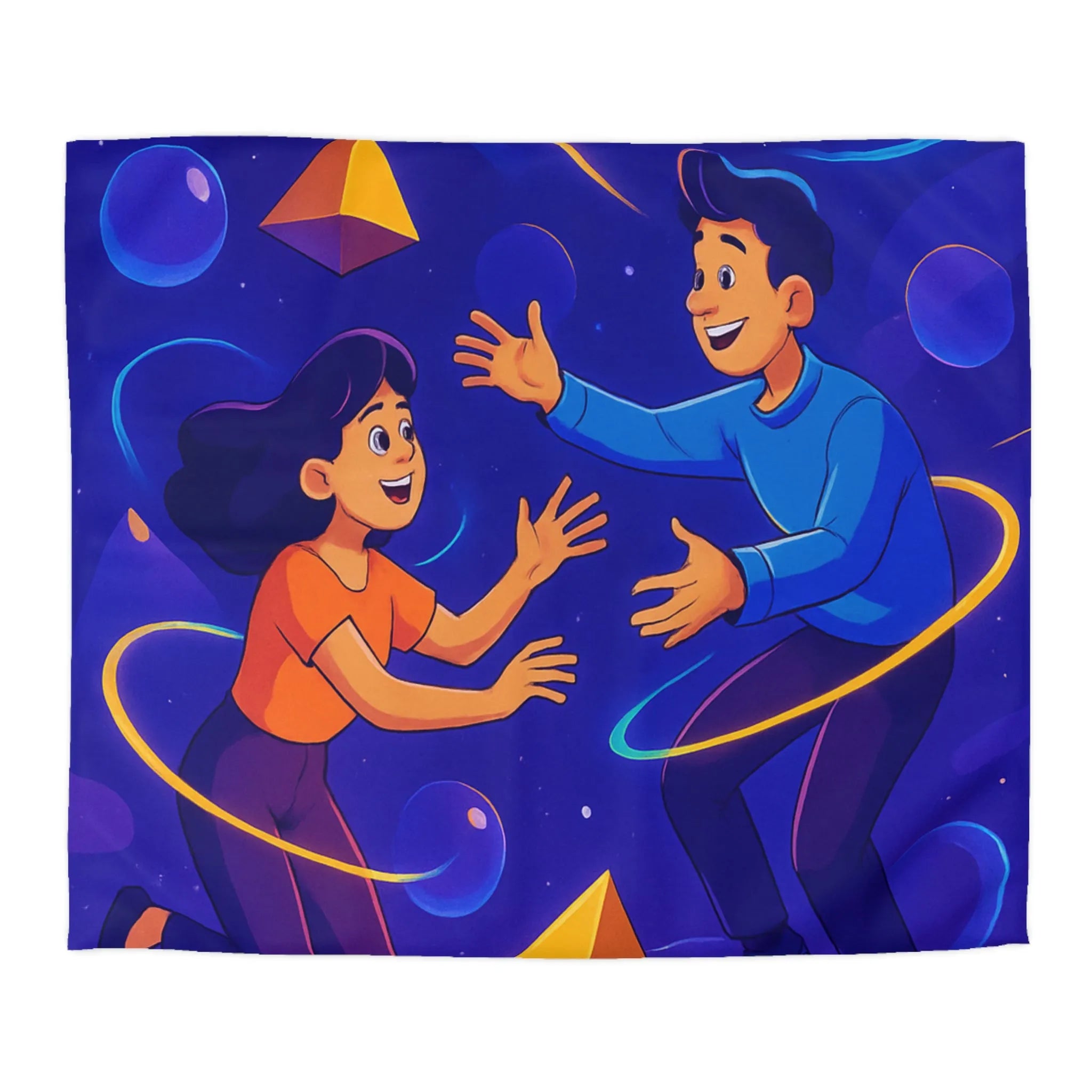 Housse de Couette Design Géométrique Magnifique avec Personnages Colorés et Éléments Spatiaux Vibrants