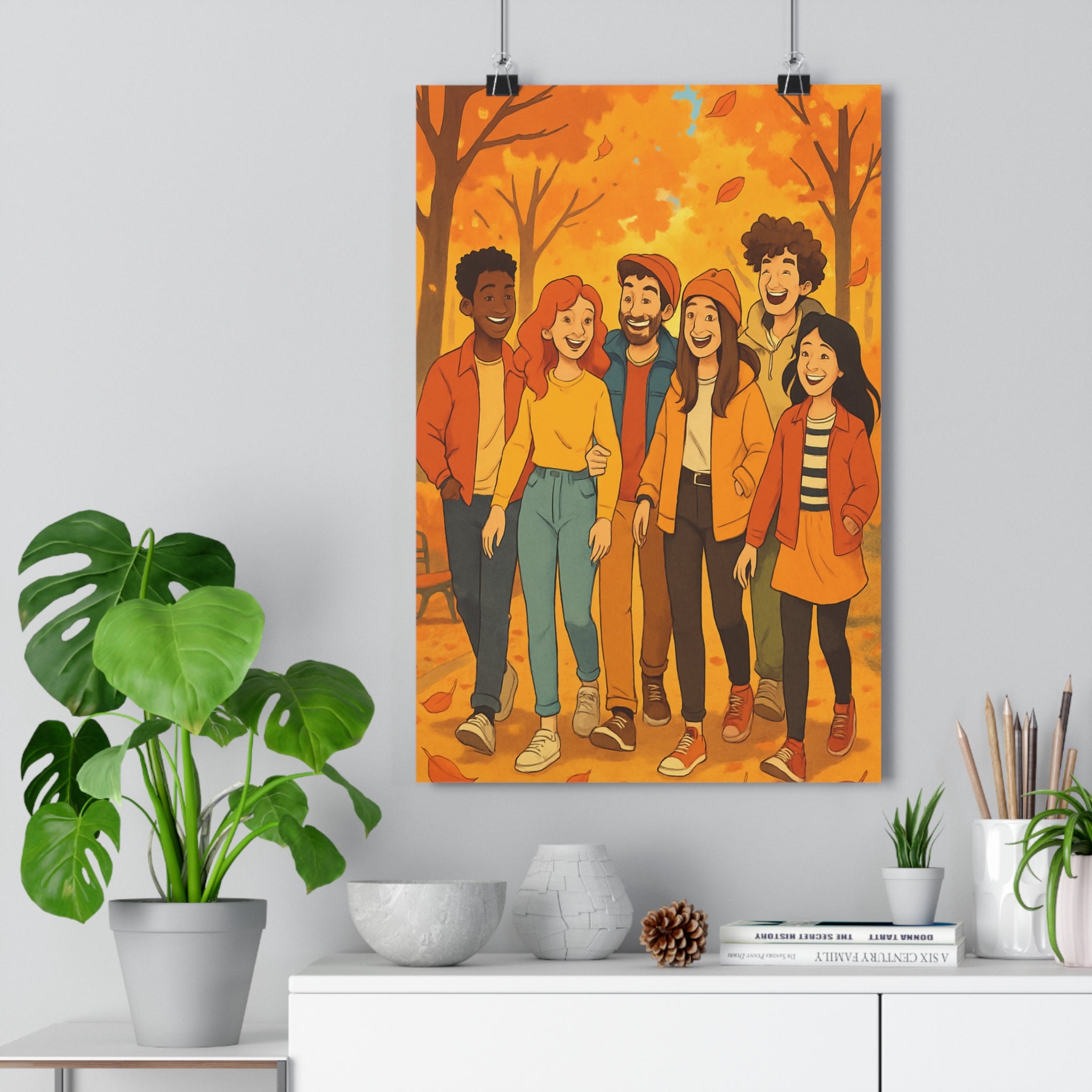 Poster décoratif automne cartoon joyeux amitié couleurs chaudes orange jaune salon chambre murale ambiance