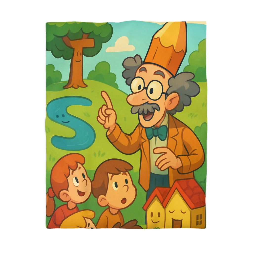 Housse de couette colorée avec un professeur et enfants dans un paysage enchanteur