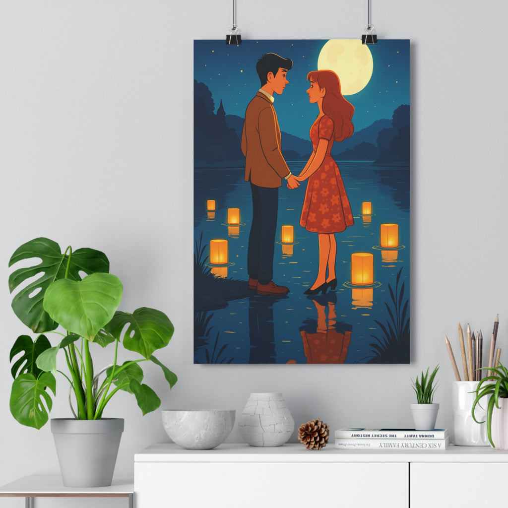 Poster décoratif animé romantique lune lanterne magique ambiance sereine chambre salon 30x46 cm qualité